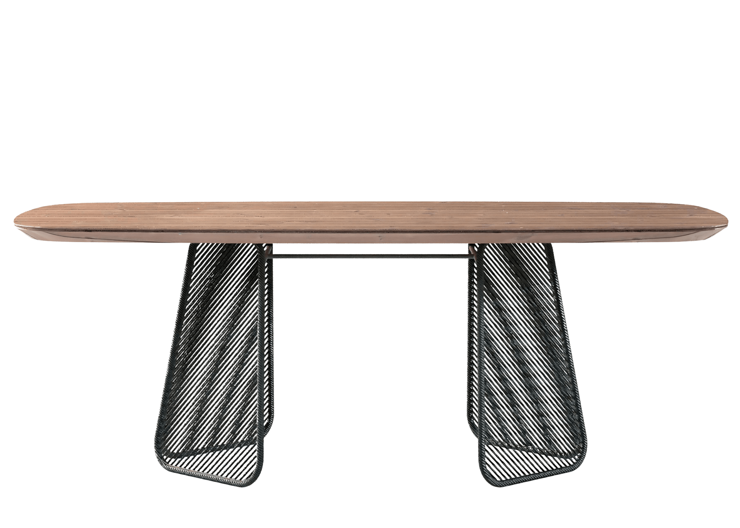 Mesa para área externa com tampo em madeira cumaru e base em alumínio preto. Design resistente e elegante para varandas, jardins ou espaços gourmet.