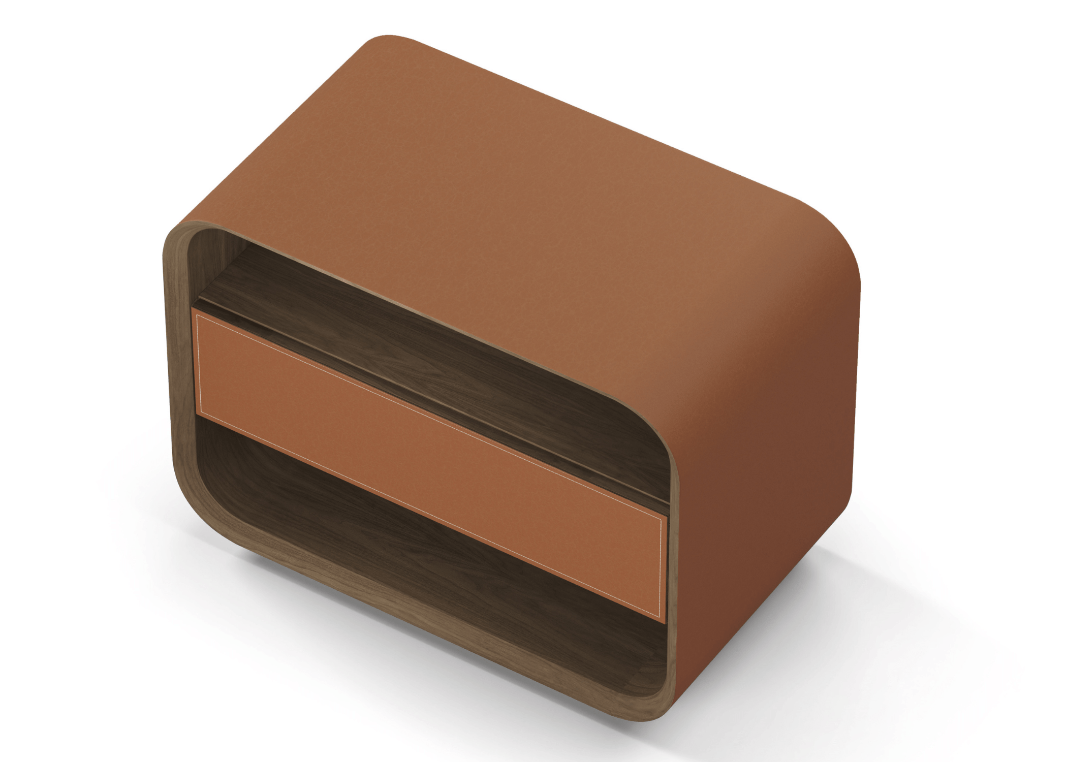 Mesa de Cabeceira Davi com estrutura em madeira e revestimento em couro sintético marrom.