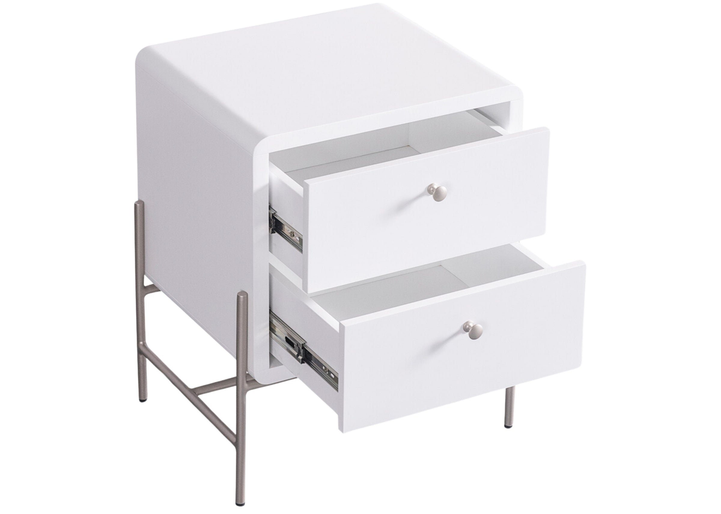 Mesa de Cabeceira Donatello branca com duas gavetas abertas, acabamento branco fosco e base metálica. Design moderno e funcional.