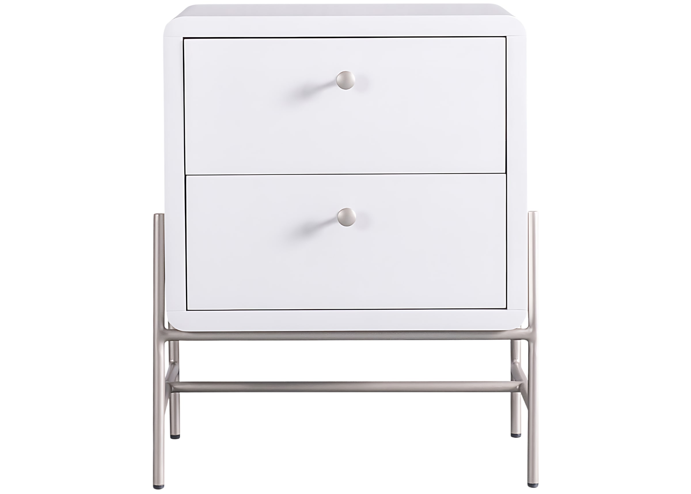 Mesa de Cabeceira Donatello com design minimalista, bordas arredondadas, duas gavetas, estrutura branca e base metálica. Ideal para quartos elegantes.