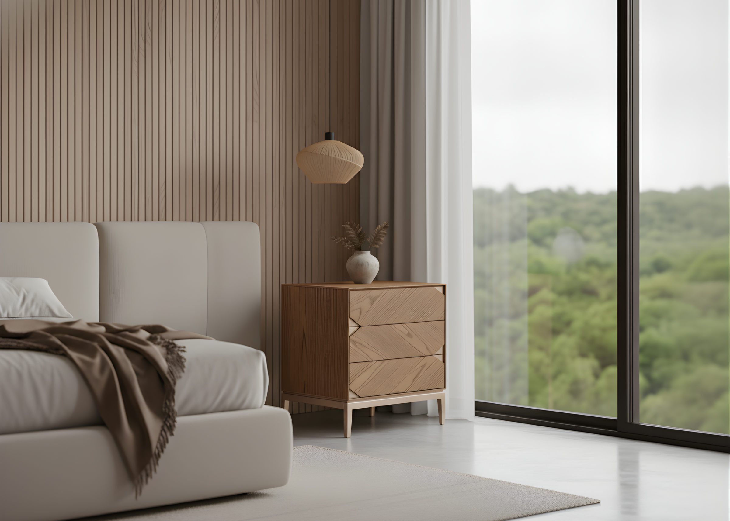 Mesa de cabeceira Quadra com acabamento em lâmina de carvalho e detalhes em pintura laqueada dourada, design sofisticado e contemporâneo, ideal para quartos elegantes.