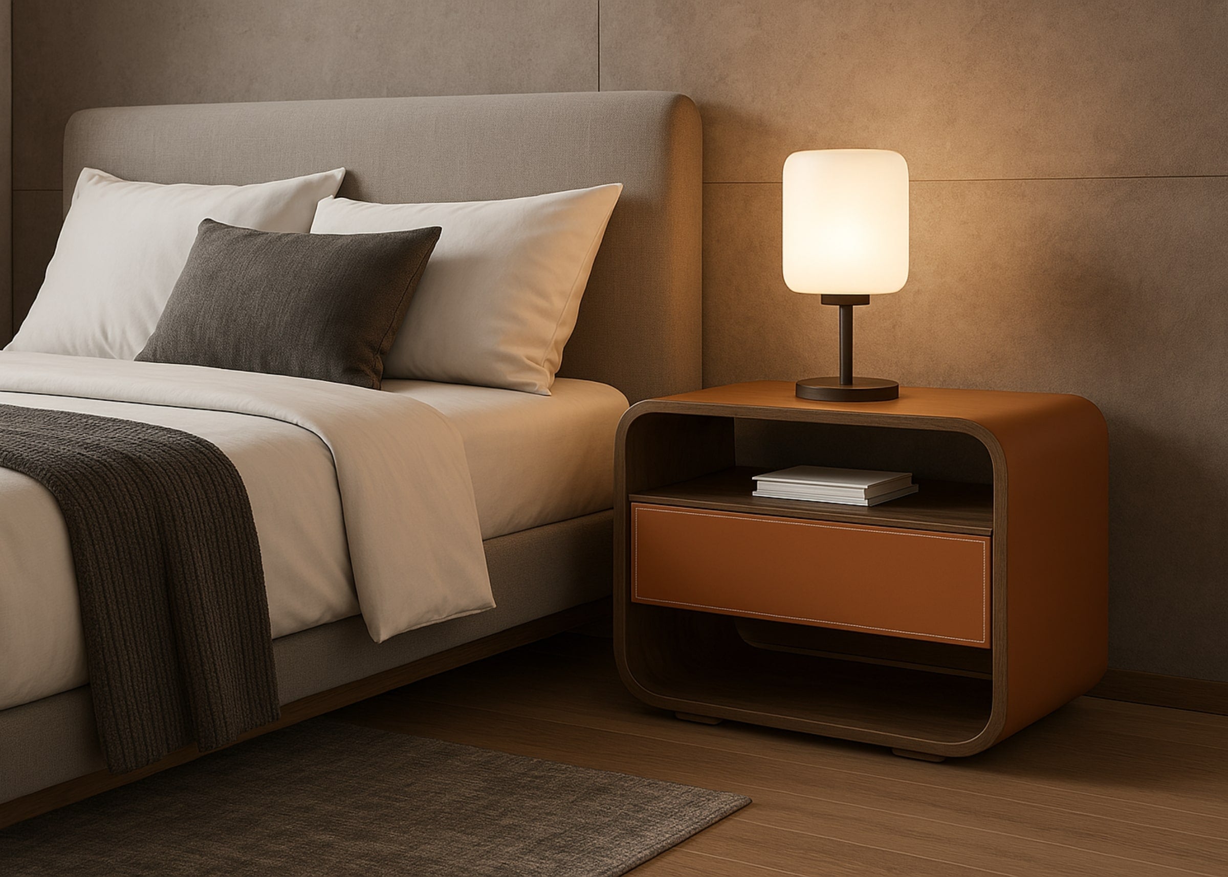 Quarto moderno com mesa de cabeceira de madeira ao lado da cama, marcada por curvas suaves, acabamento impecável e tons terrosos em um ambiente sofisticado.