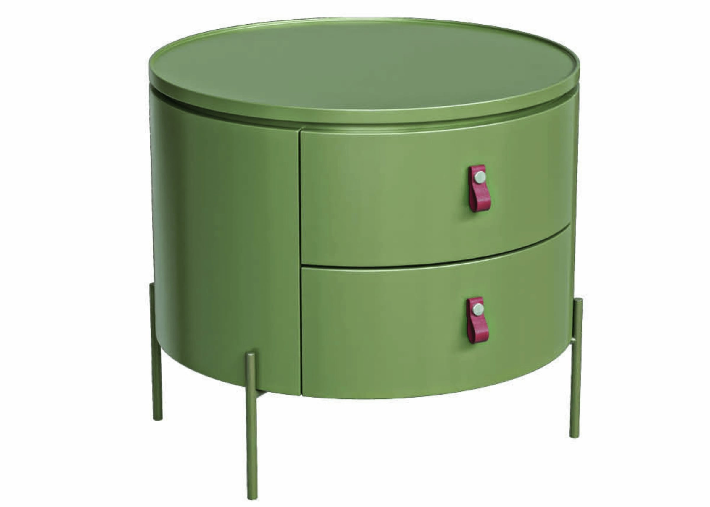 Mesa de cabeceira redonda verde com acabamento laqueado, dois gavetões e puxadores em couro.