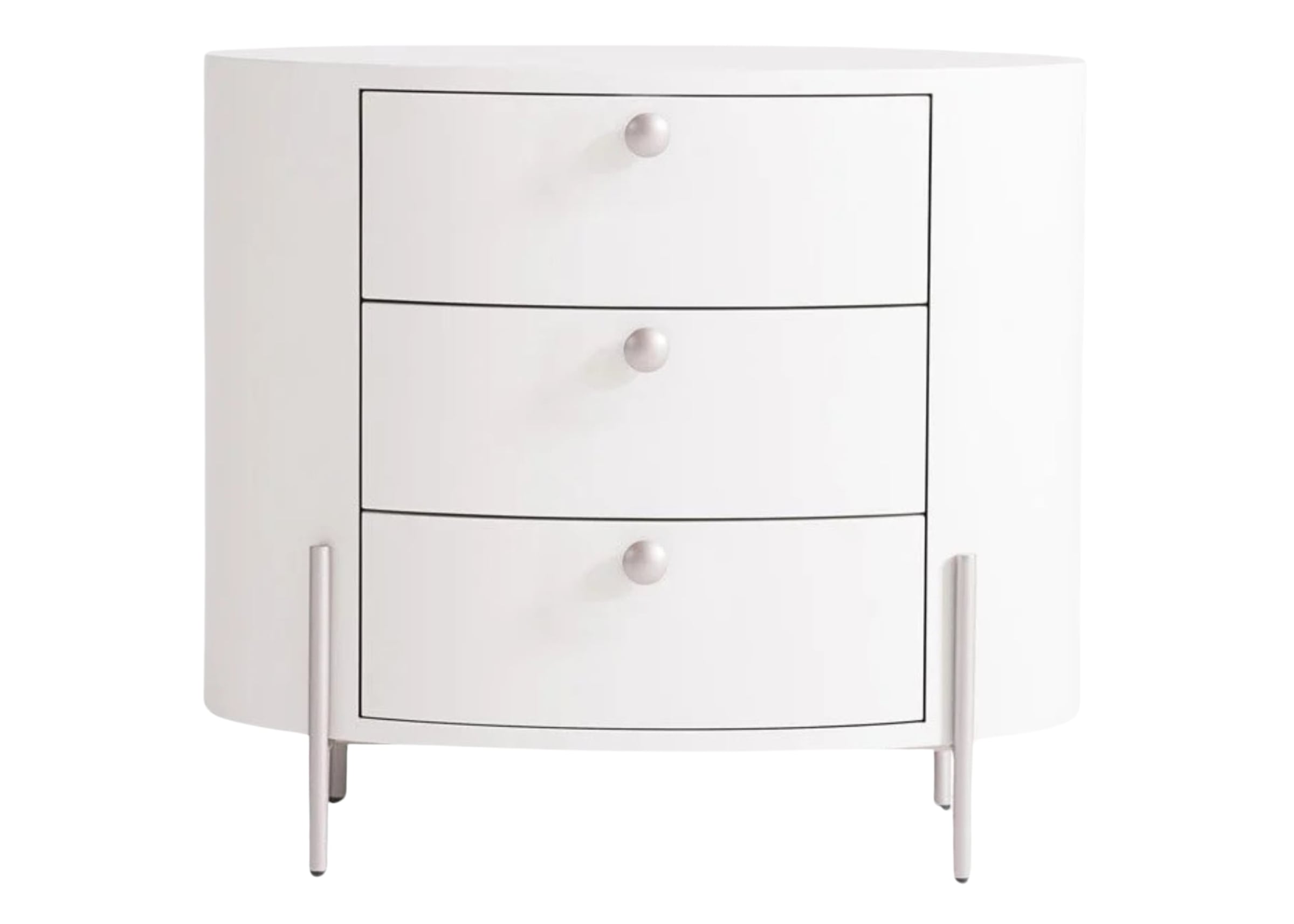 Mesa de cabeceira oval com três gavetas e puxadores discretos em design moderno.