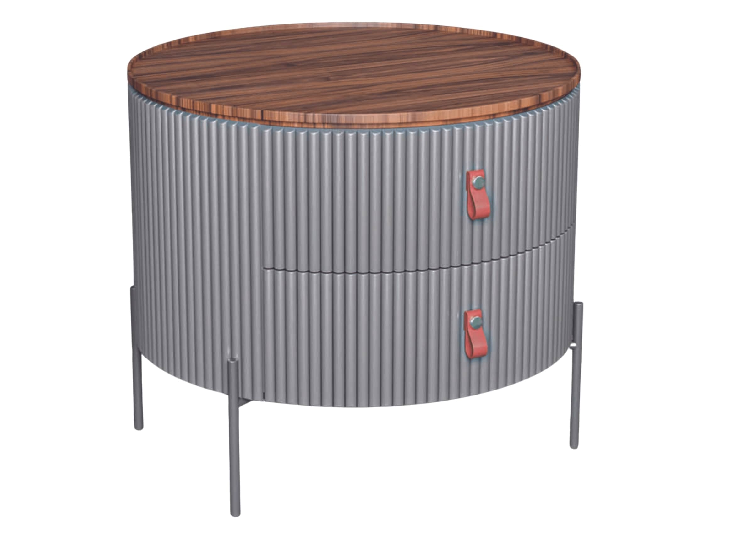 Mesa de cabeceira redonda ripada cinza com tampo em madeira e puxadores de couro Amend