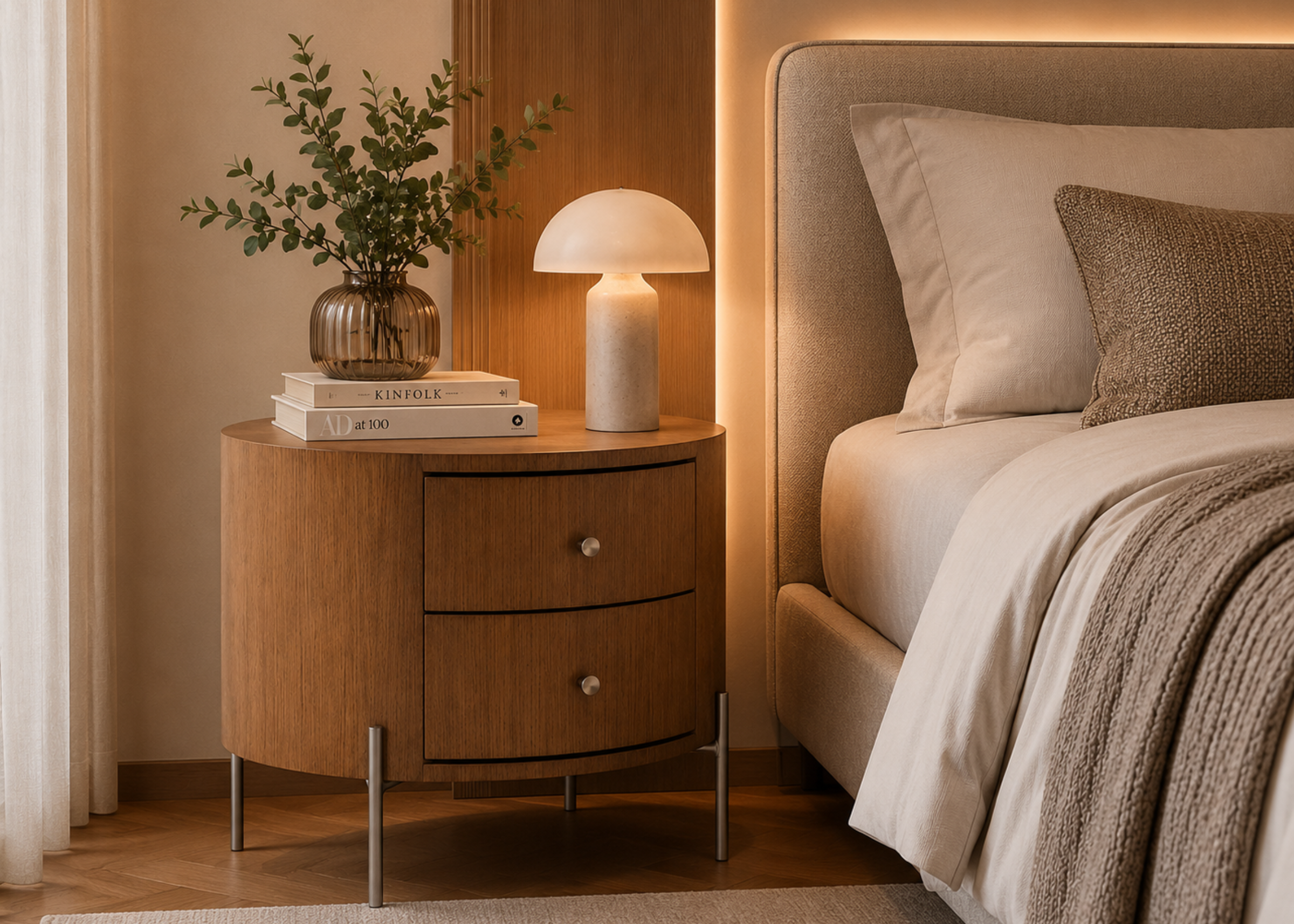 Mesa Valenza com lâmina de madeira castanho e design contemporâneo, ideal para compor quartos modernos e acolhedores.
