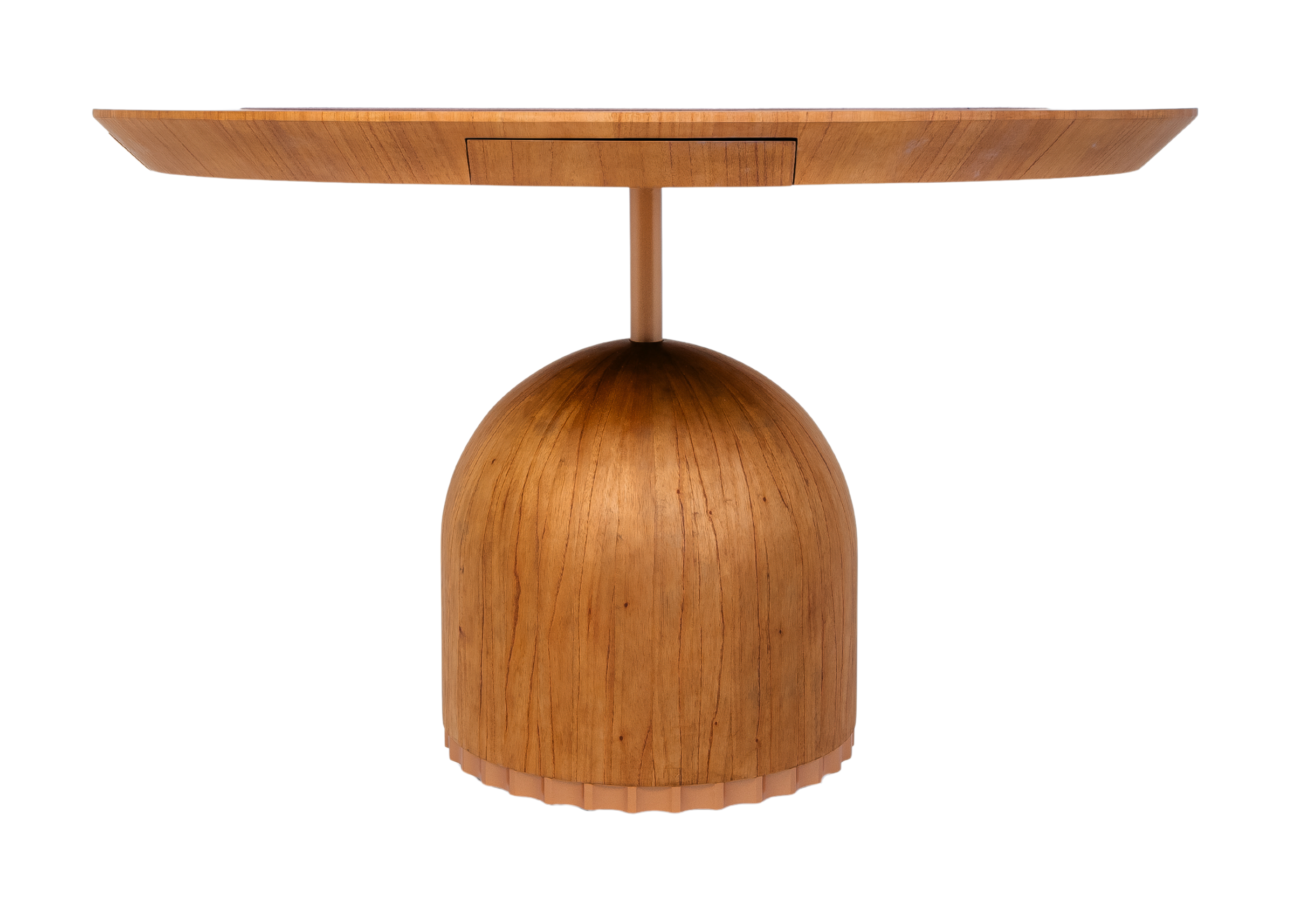 Mesa Cálice para carteado com tampo reverse, acabamento acrílico marrom e estrutura nature, apresentando design sofisticado e funcional para ambientes modernos.