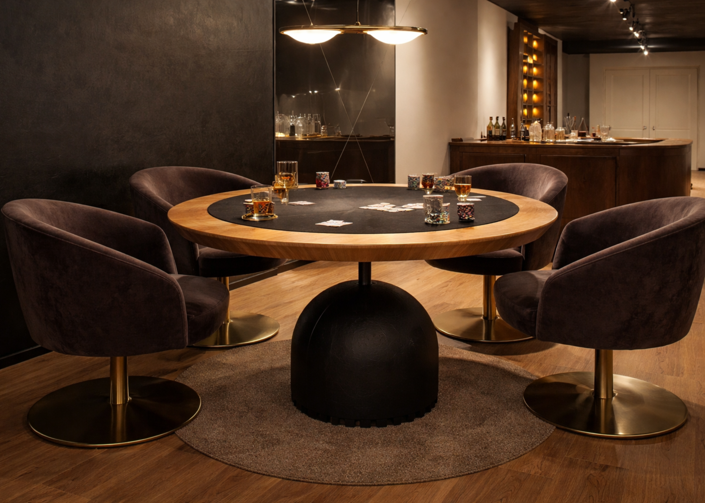 Mesa de carteado jantar modelo Cálice com base em laminado preto e tampo em laminado nature, apresentando design moderno e sofisticado, ideal para ambientes elegantes e funcionais.