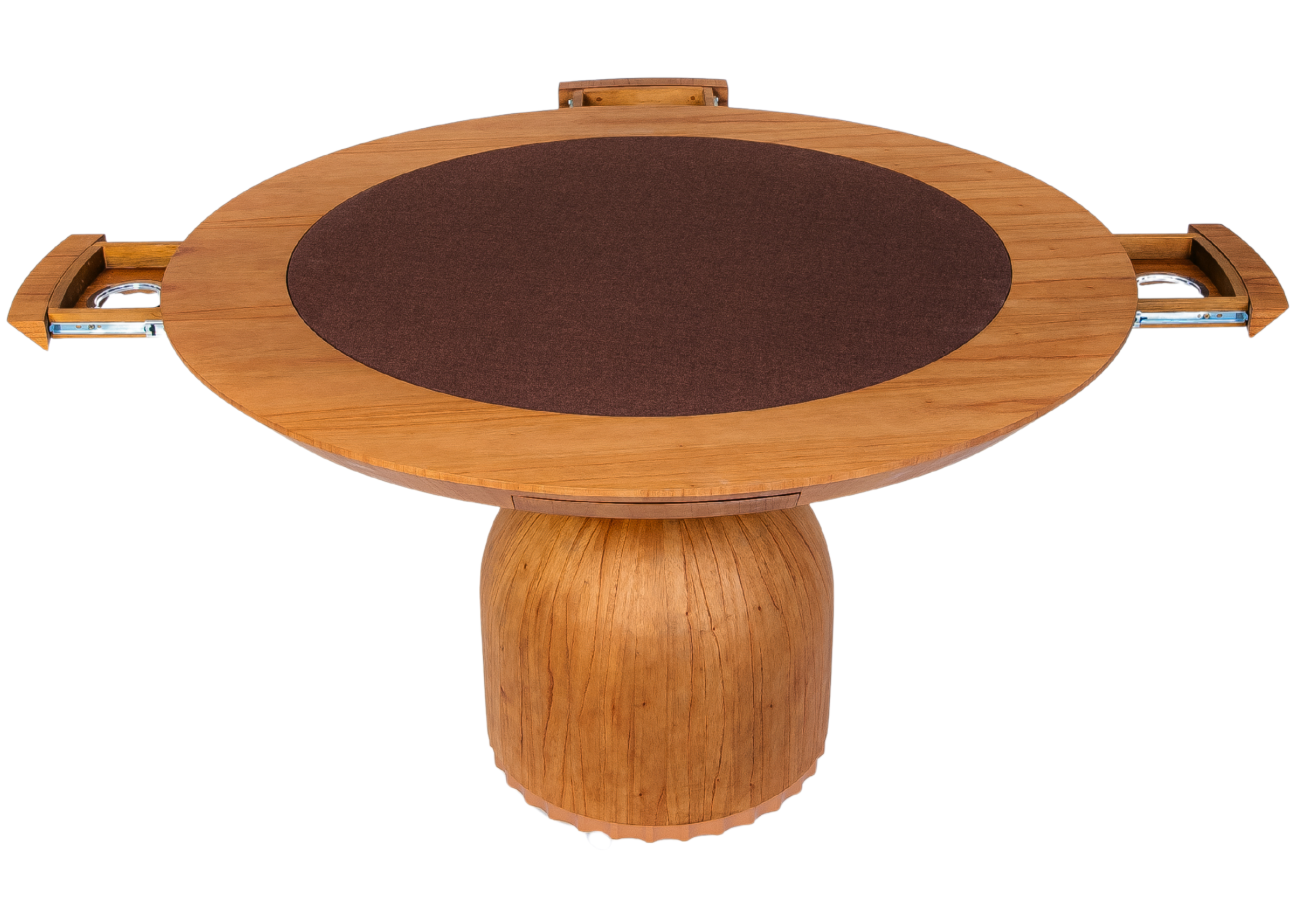 Mesa de carteado modelo Cálice em laminado nature com tecido acrílico marrom, apresentando design elegante e versátil para momentos de lazer.