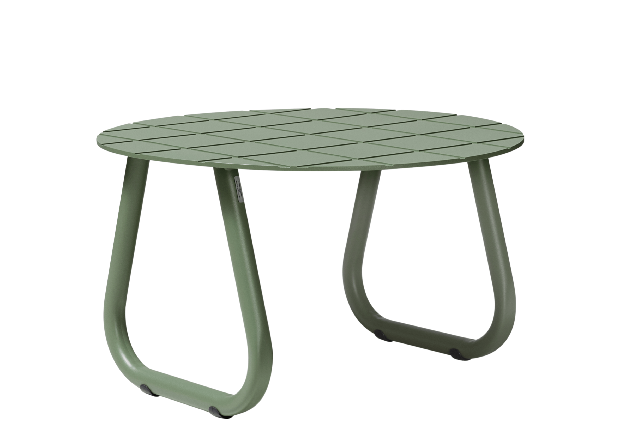 Mesa de centro para área externa com estrutura em alumínio verde. Design funcional e contemporâneo, ideal para composições ao ar livre, apresentada sobre fundo neutro.