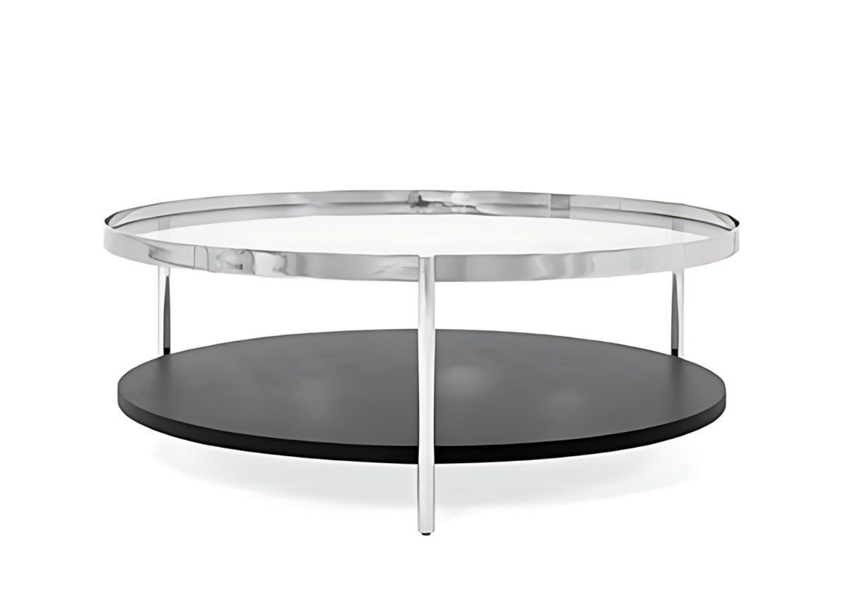 Mesa de centro Calla I com base em inox polido e design sofisticado, vista sobre fundo neutro. Peça elegante para ambientes de estar refinados e contemporâneos.