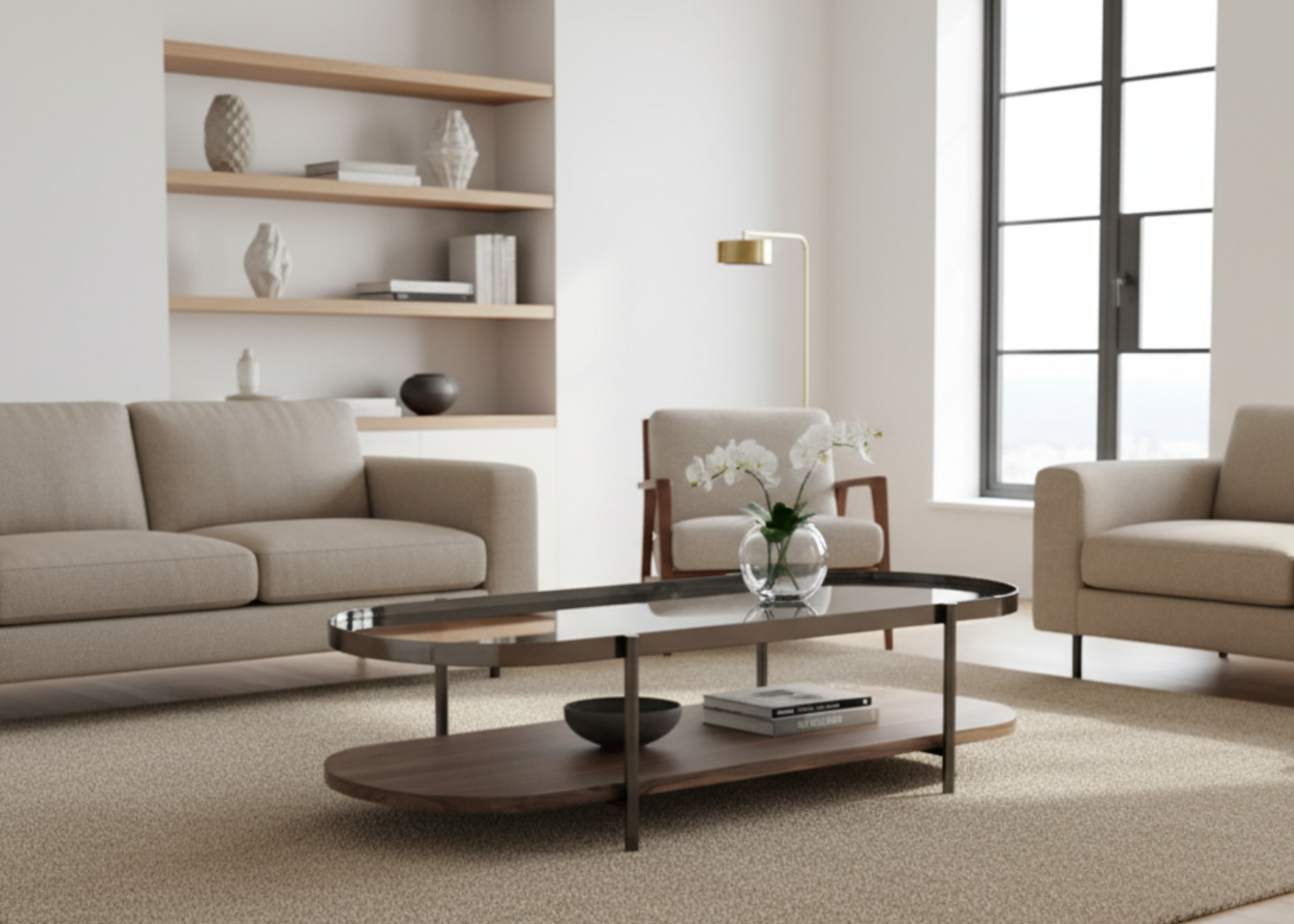 Mesa de centro Calla II, perfeita para compor ambientes sofisticados, com estrutura em aço inox que garante durabilidade e um acabamento elegante e moderno.