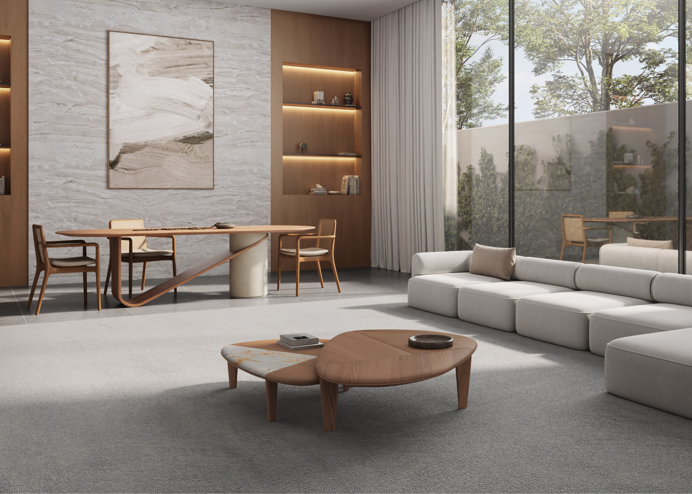 Mesa de centro modelo Mélia com formato orgânico, confeccionada em carvalho natural. Design suave e contemporâneo, ideal para ambientes elegantes.
