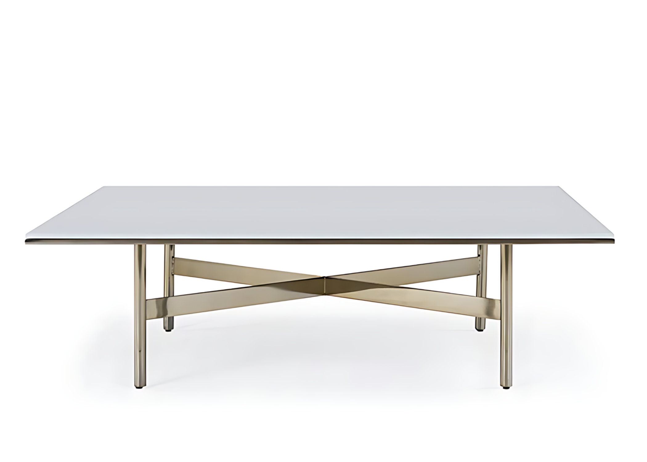 Mesa de centro Eiffel com tampo laqueado branco e base em aço inox dourado, combinação que traduz elegância e modernidade em um design de alto padrão.