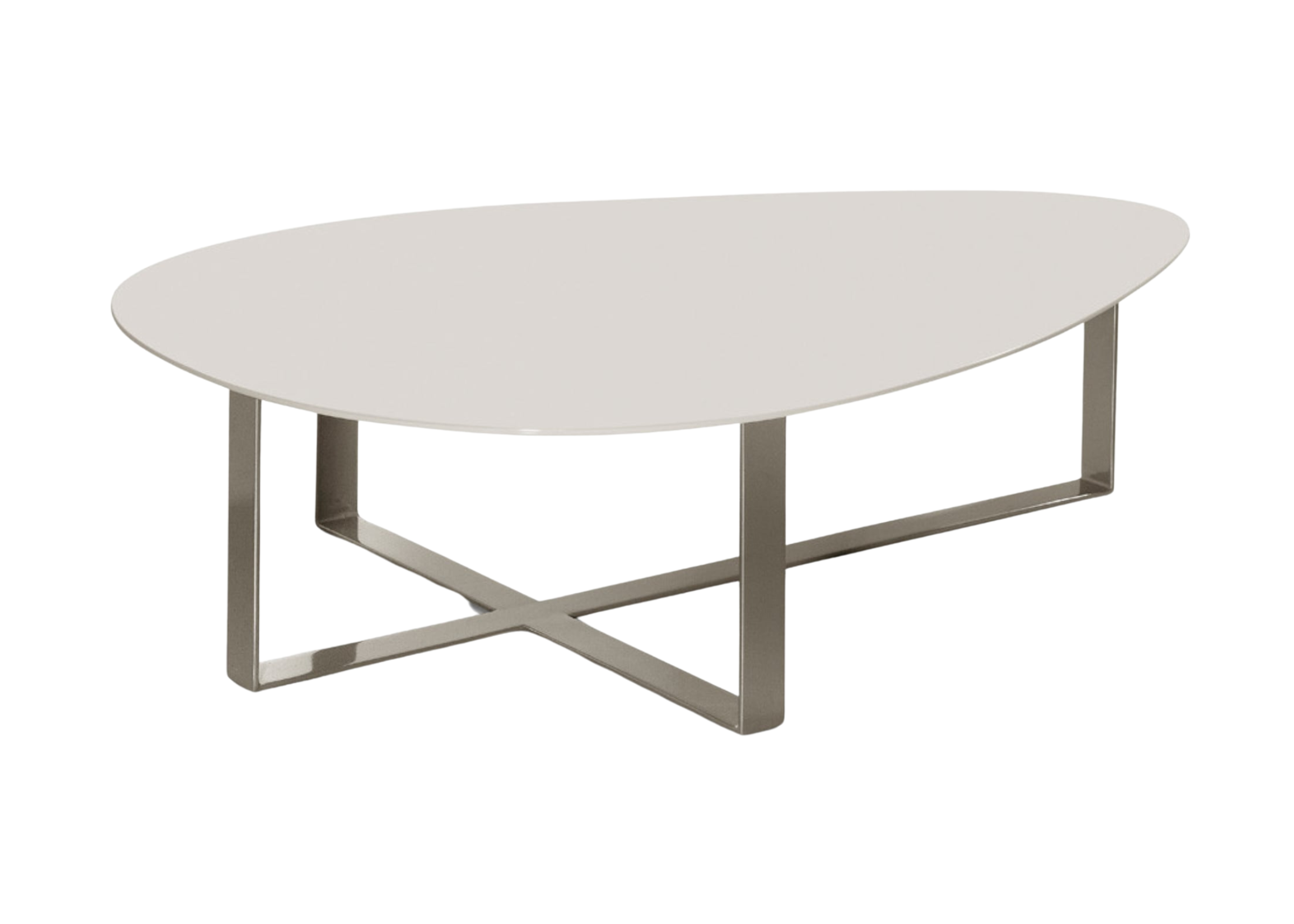 Mesa de centro Gotta com tampo em formato de gota e base em inox, vista sobre fundo neutro. Design orgânico e sofisticado que adiciona fluidez aos ambientes modernos.