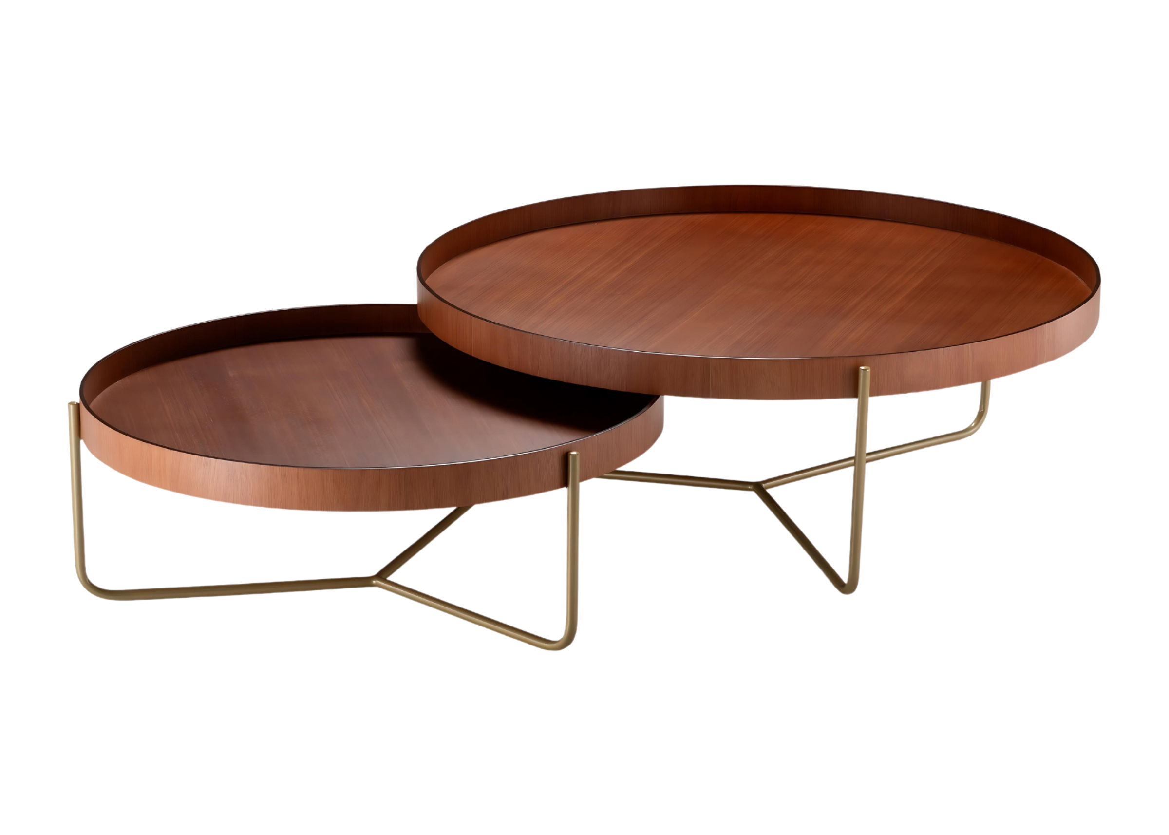 Mesa de centro modelo Legg, em madeira imbuia com base metálica dourada. Design contemporâneo e sofisticado, ideal para salas de estar elegantes, apresentada sobre fundo neutro.