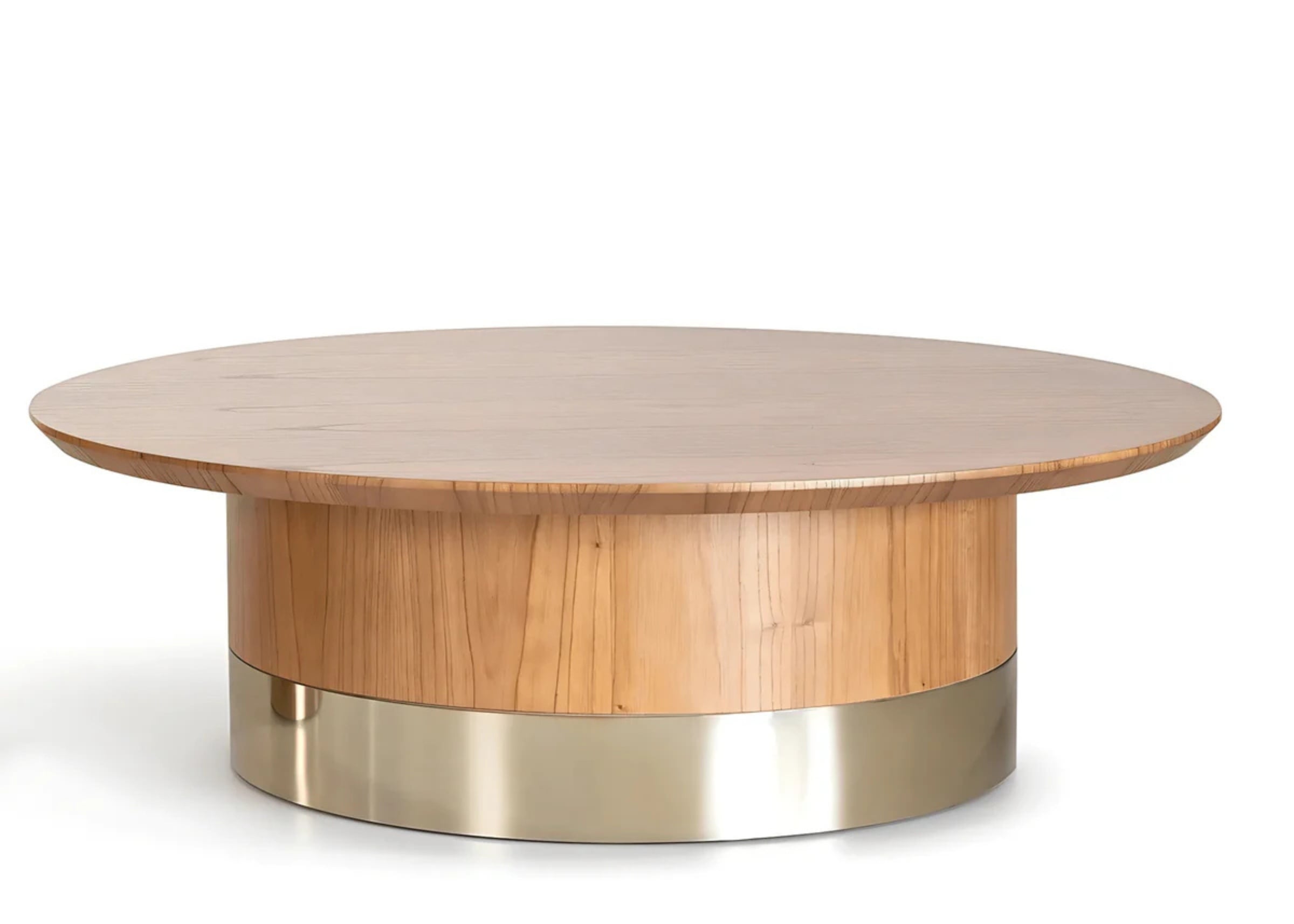 Mesa de centro redonda em madeira com base cilíndrica e detalhe em aço inox dourado – design sofisticado para salas contemporâneas.