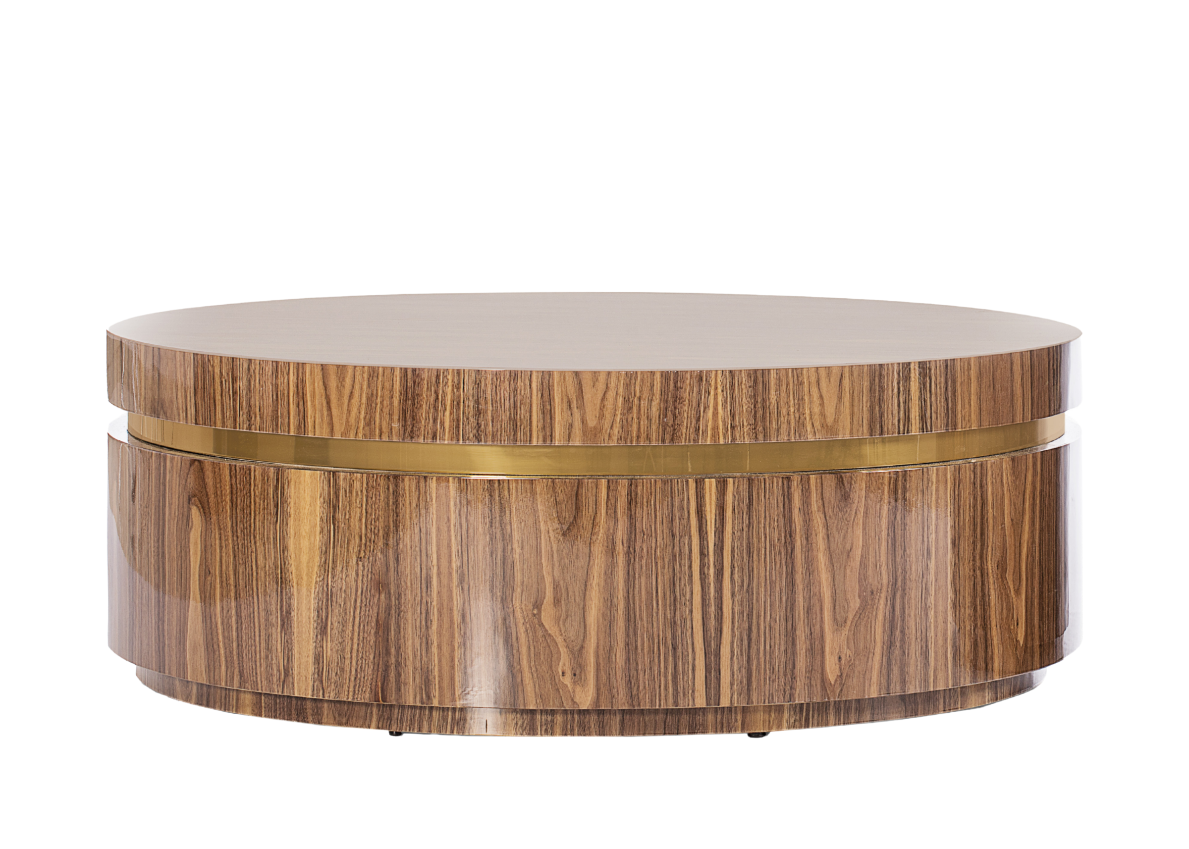 Mesa de centro Alba redonda em madeira pau-ferro com detalhe de argola em inox dourado, design sofisticado e elegante, ideal para salas de estar modernas.