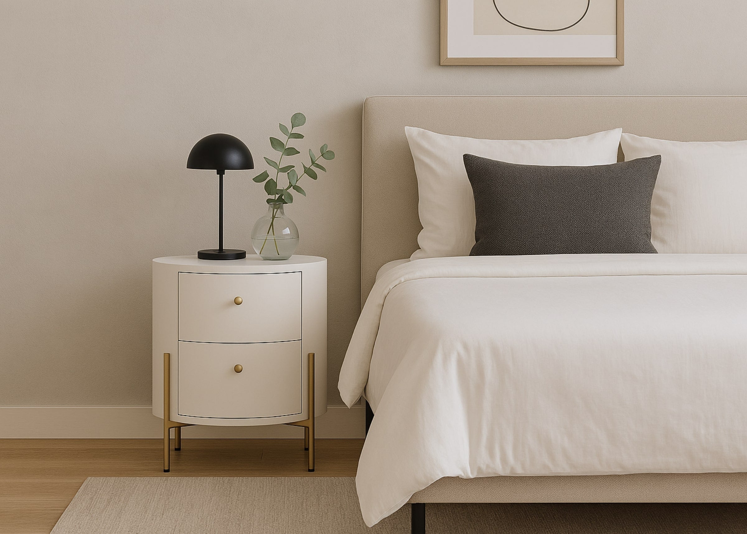 Mesa de cabeceira moderna Chloe, redonda, destacando-se por seu design contemporâneo e sofisticado.