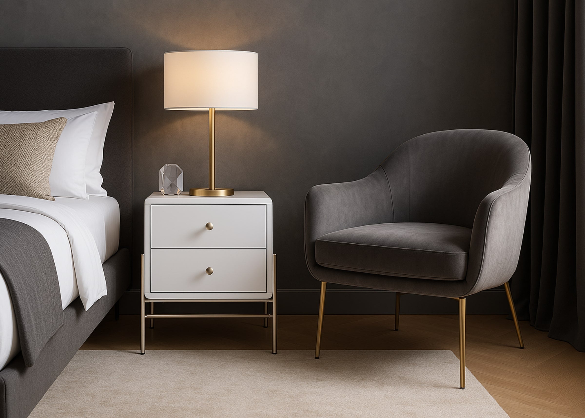 Mesa de cabeceira branca quadrada com duas gavetas, acabamento em laca fosca branca e design clean. Perfeita para compor quartos modernos e sofisticados.