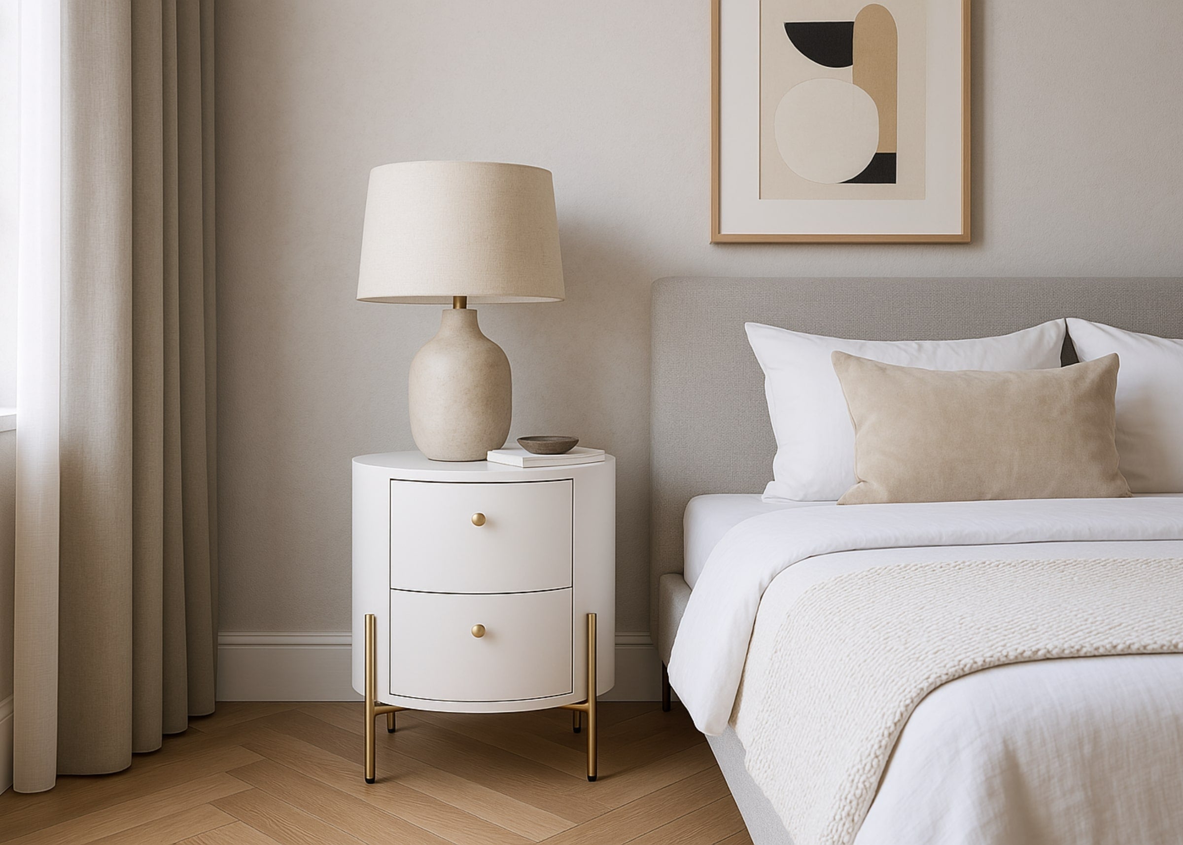 Mesa de cabeceira redonda Chloe na cor branca com design elegante e minimalista, ideal para complementar a decoração de quartos modernos.