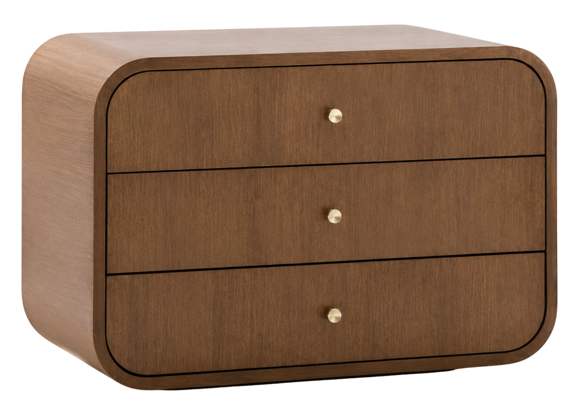 Mesa de cabeceira Sierra em madeira com base em aço carbono, apresentando design contemporâneo e acabamento de alto padrão para ambientes elegantes.