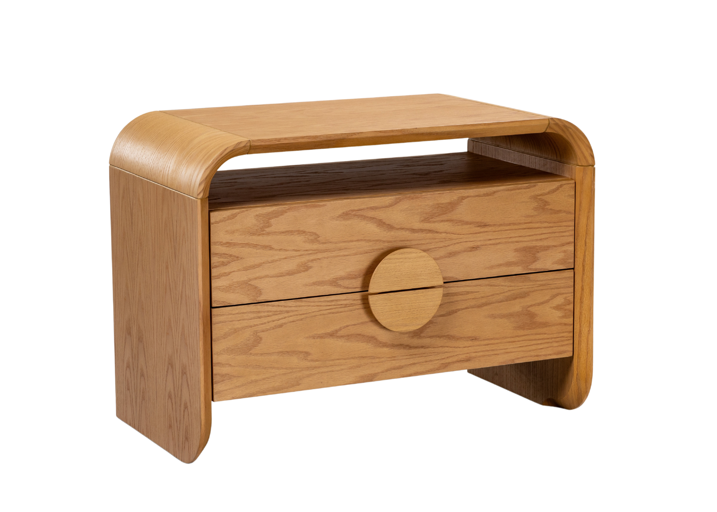 Mesa de Cabeceira Tesia em madeira natural com design curvo e gaveta ampla para dormitórios contemporâneos