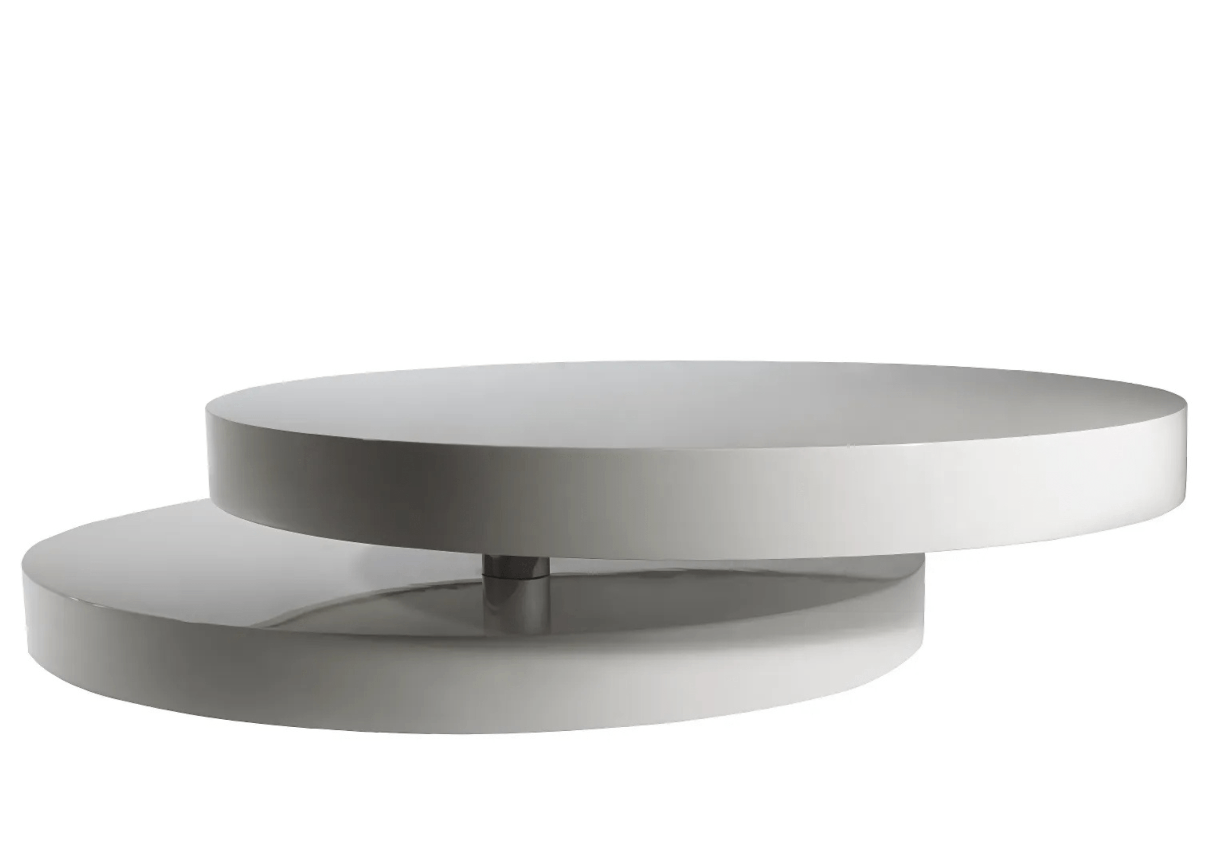 Mesa de Centro Argos com estrutura giratória em aço inox e tampo em laca branca.