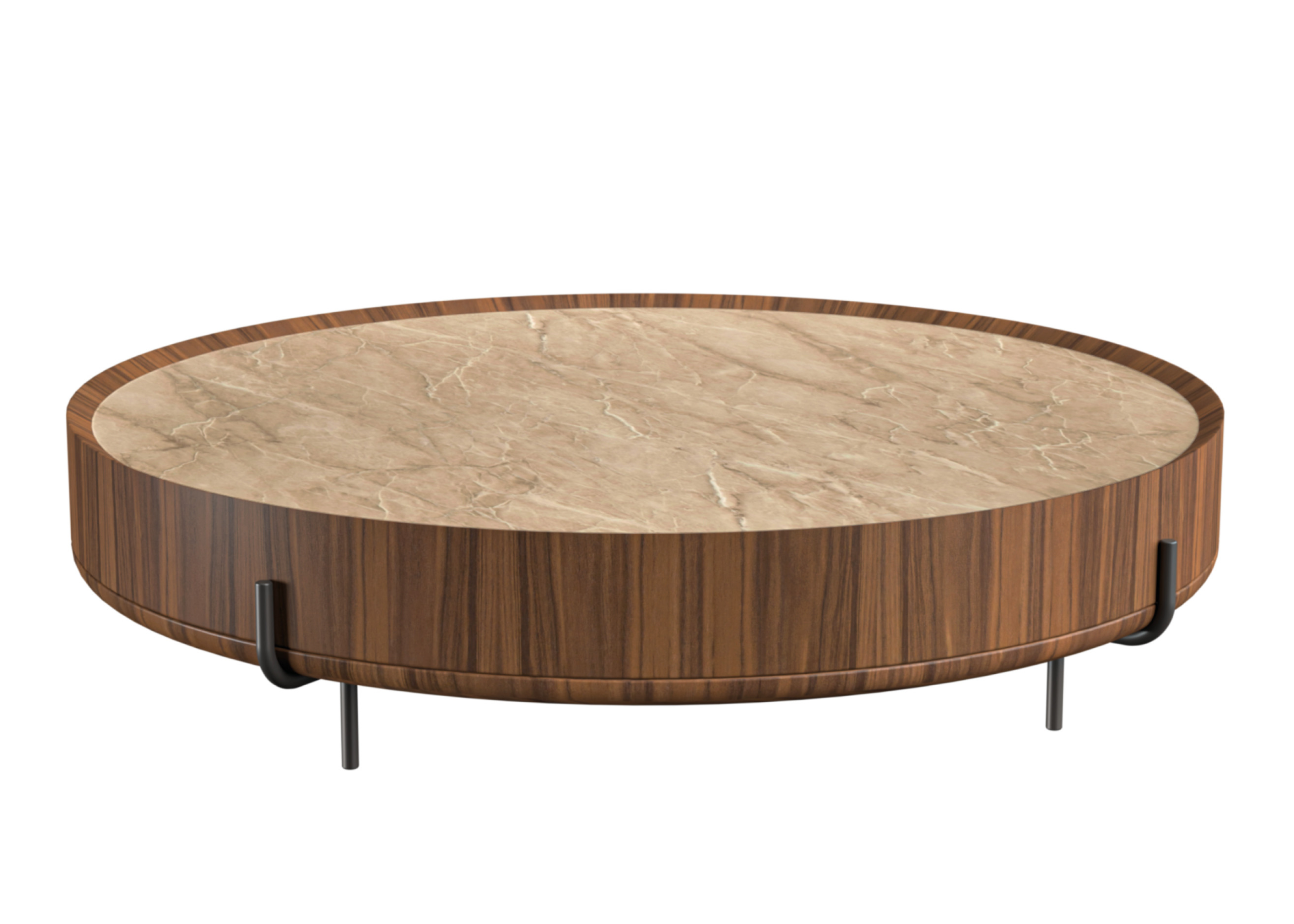 Mesa de centro Lali com tampo TS, acabamento laminado em madeira e base em aço carbono preto, apresentando design elegante e sofisticado, ideal para compor ambientes modernos e refinados.