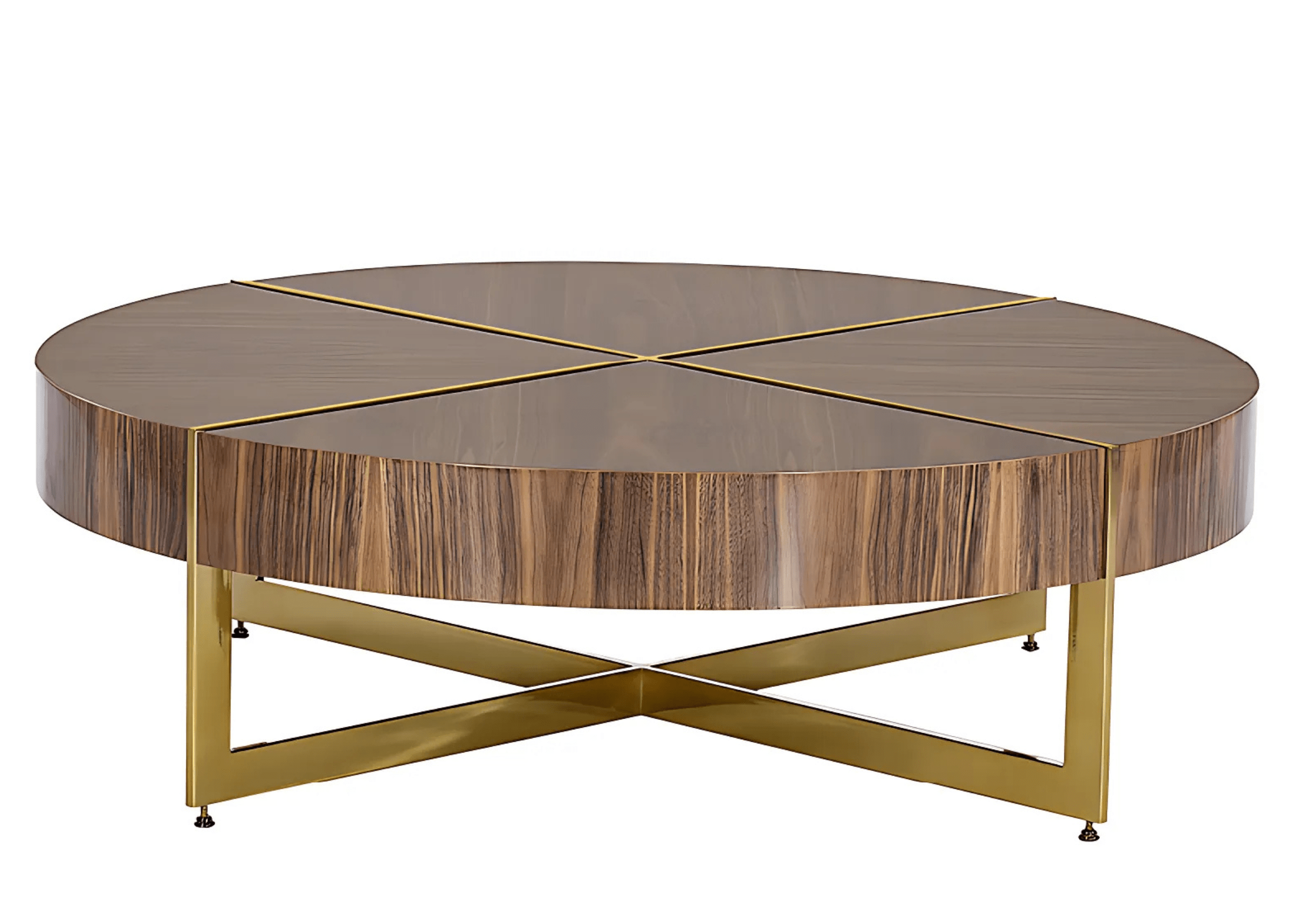 Mesa de Centro Mozard com base em aço inox dourado e tampo redondo.