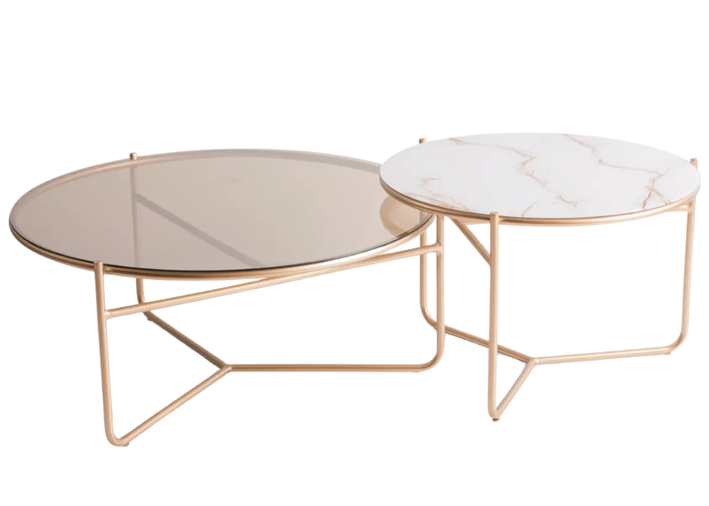Mesa de centro Muriel com tampo em vidro bronze, marmorizado e base em aço carbono, apresentando design elegante e sofisticado, ideal para compor ambientes modernos e refinados.
