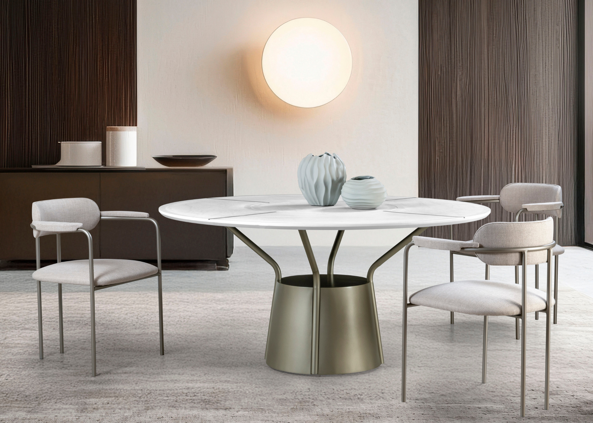 Mesa de jantar Chipre em ambiente sofisticado e elegante, apresentando detalhes encantadores e design contemporâneo, ideal para compor salas de jantar refinadas.