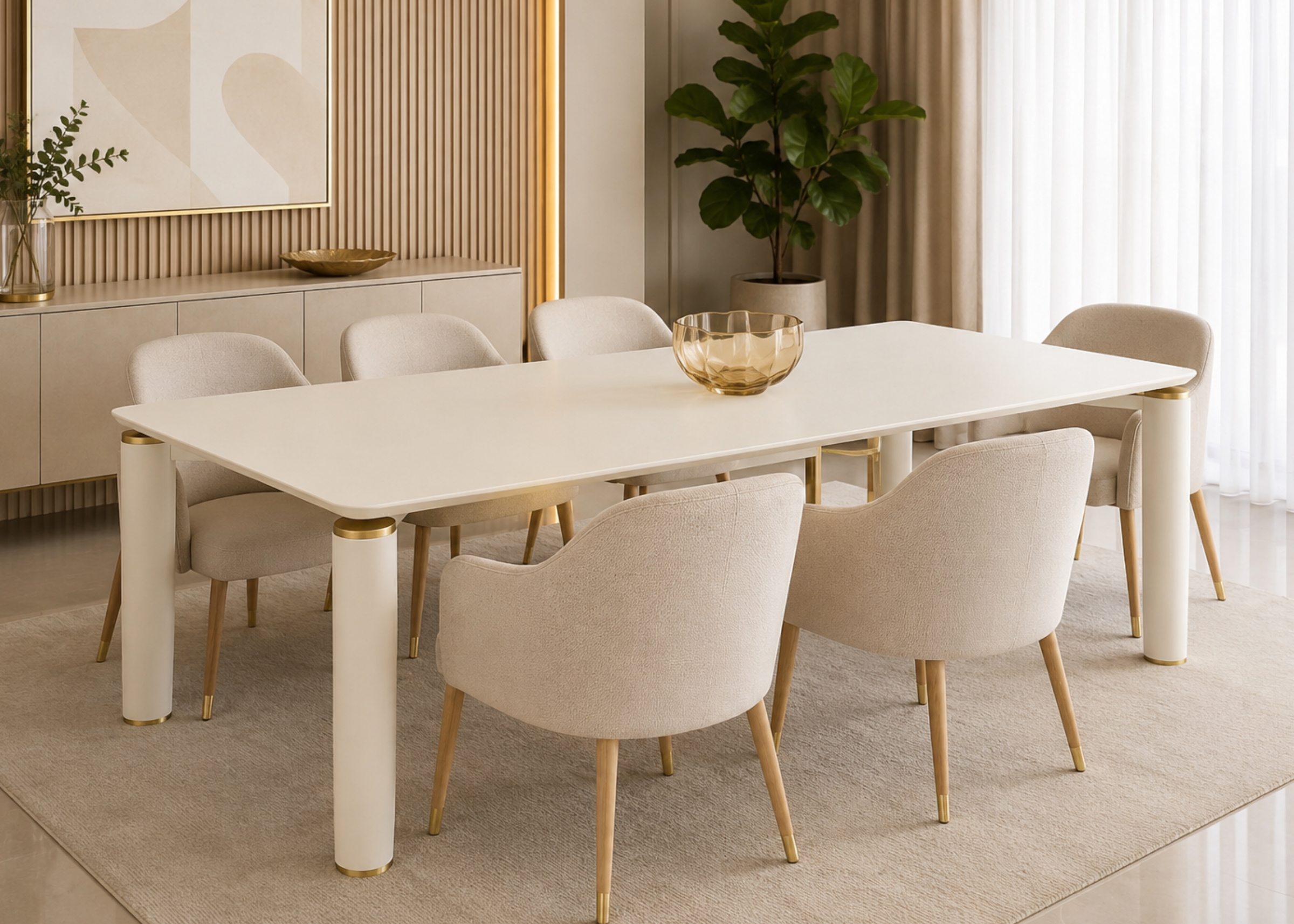 Mesa de jantar Divine com acabamento laqueado branco em sala de jantar moderna, apresentando design elegante e sofisticado, ideal para compor ambientes refinados.