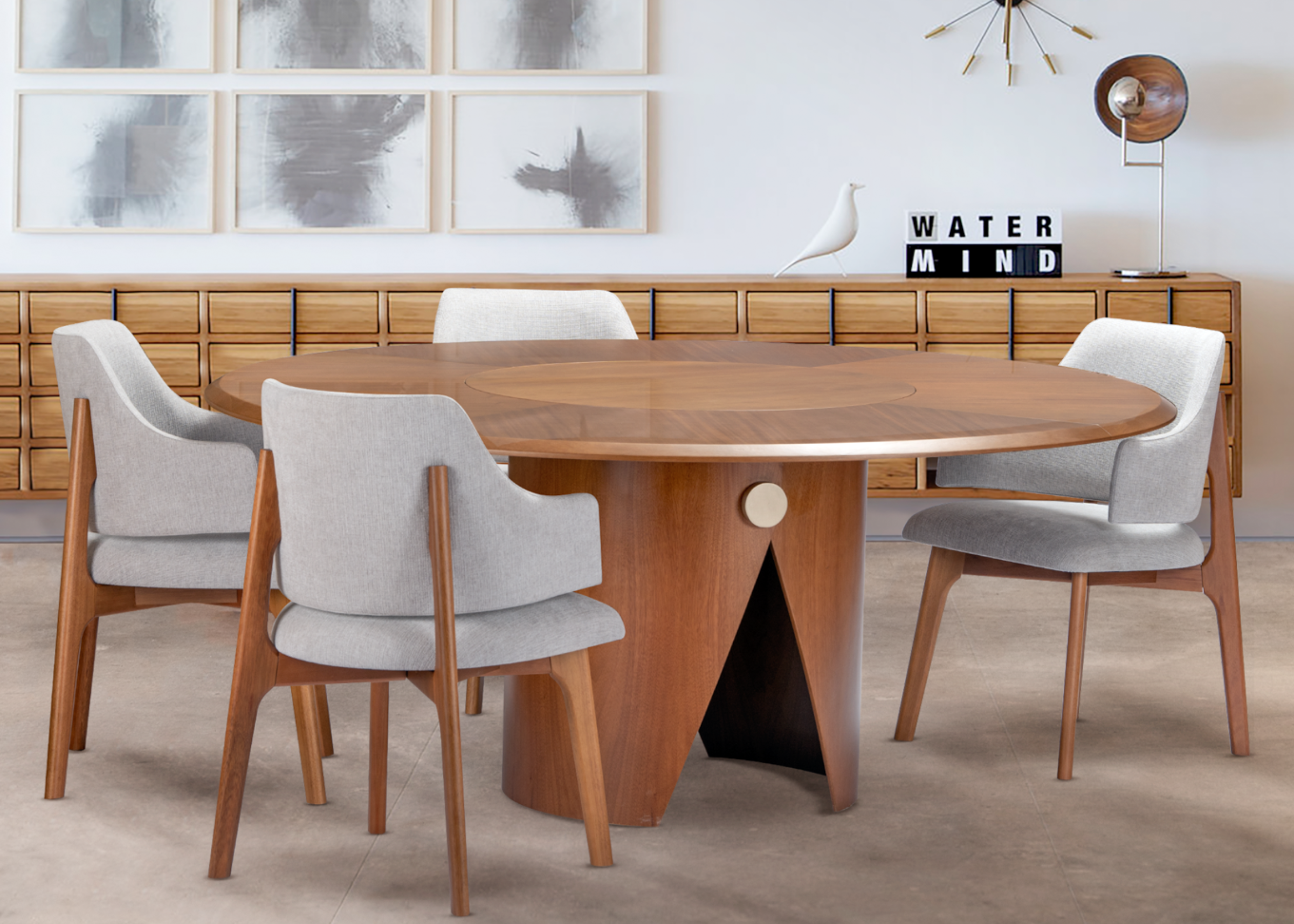 Mesa de jantar Fonte em sala de jantar sofisticada, apresentando design elegante e contemporâneo, ideal para compor ambientes refinados e acolhedores.