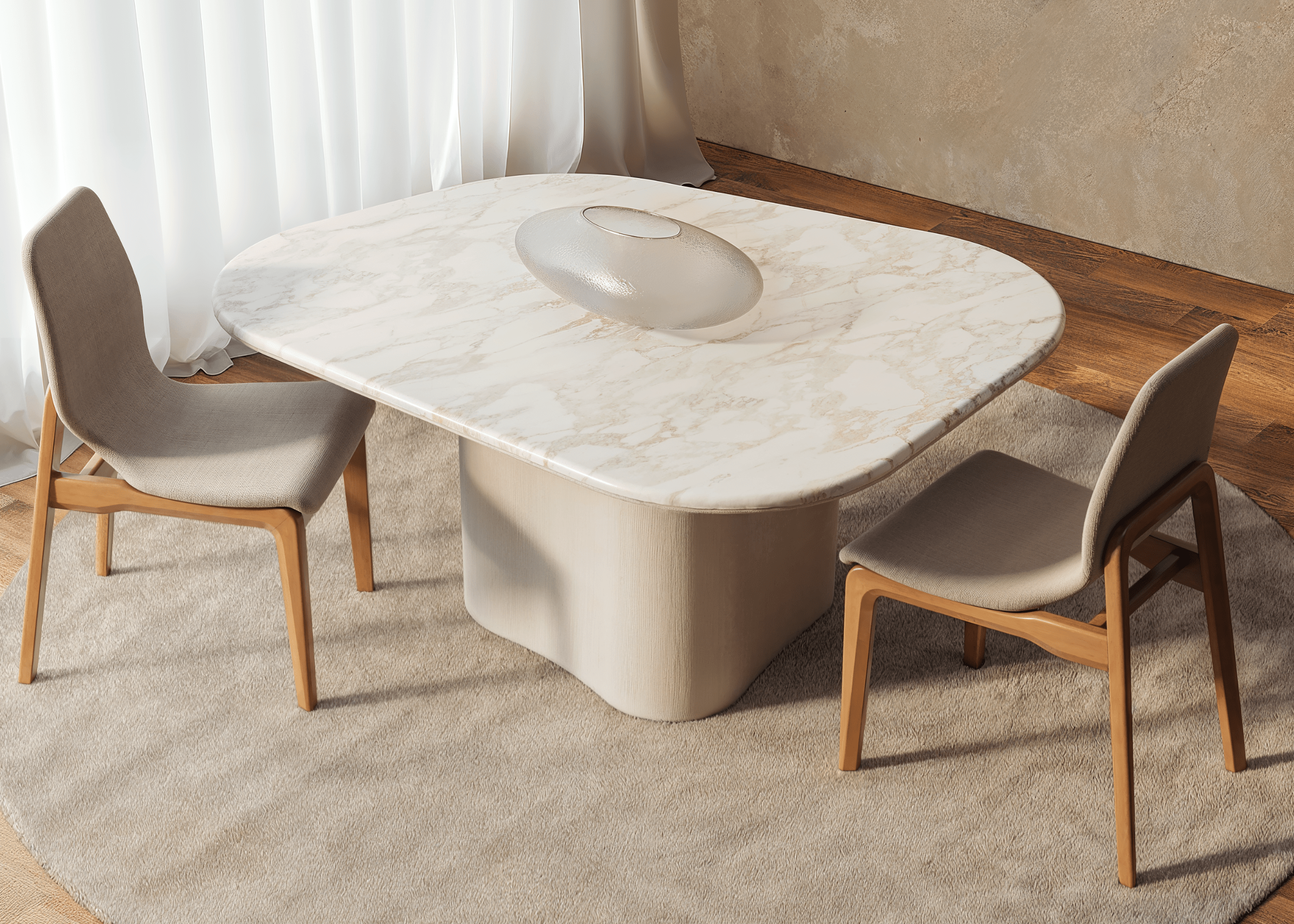 Design da Mesa de Jantar Glen com base robusta em lâmina de madeira e tampo refinado em mármore.