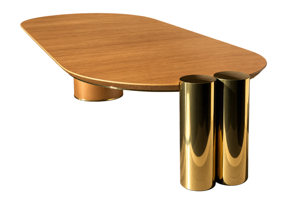 Mesa de Jantar Lizzie com tampo em lâmina de madeira e base cilíndrica em madeira, peça sofisticada para ambientes modernos