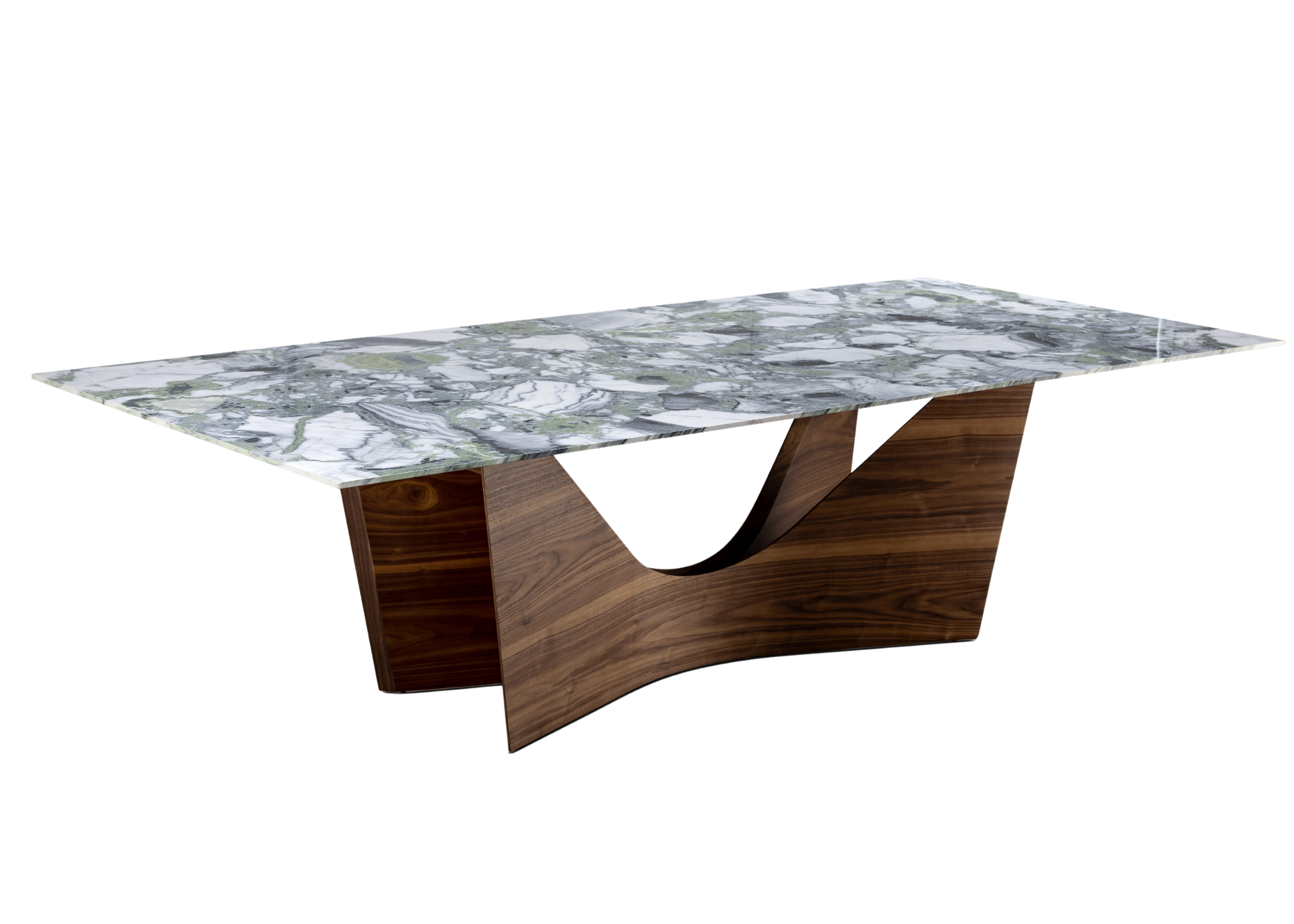 Mesa de Jantar Luna com tampo em pedra sinterizada marmorizada e base curva em lâmina de madeira contemporânea