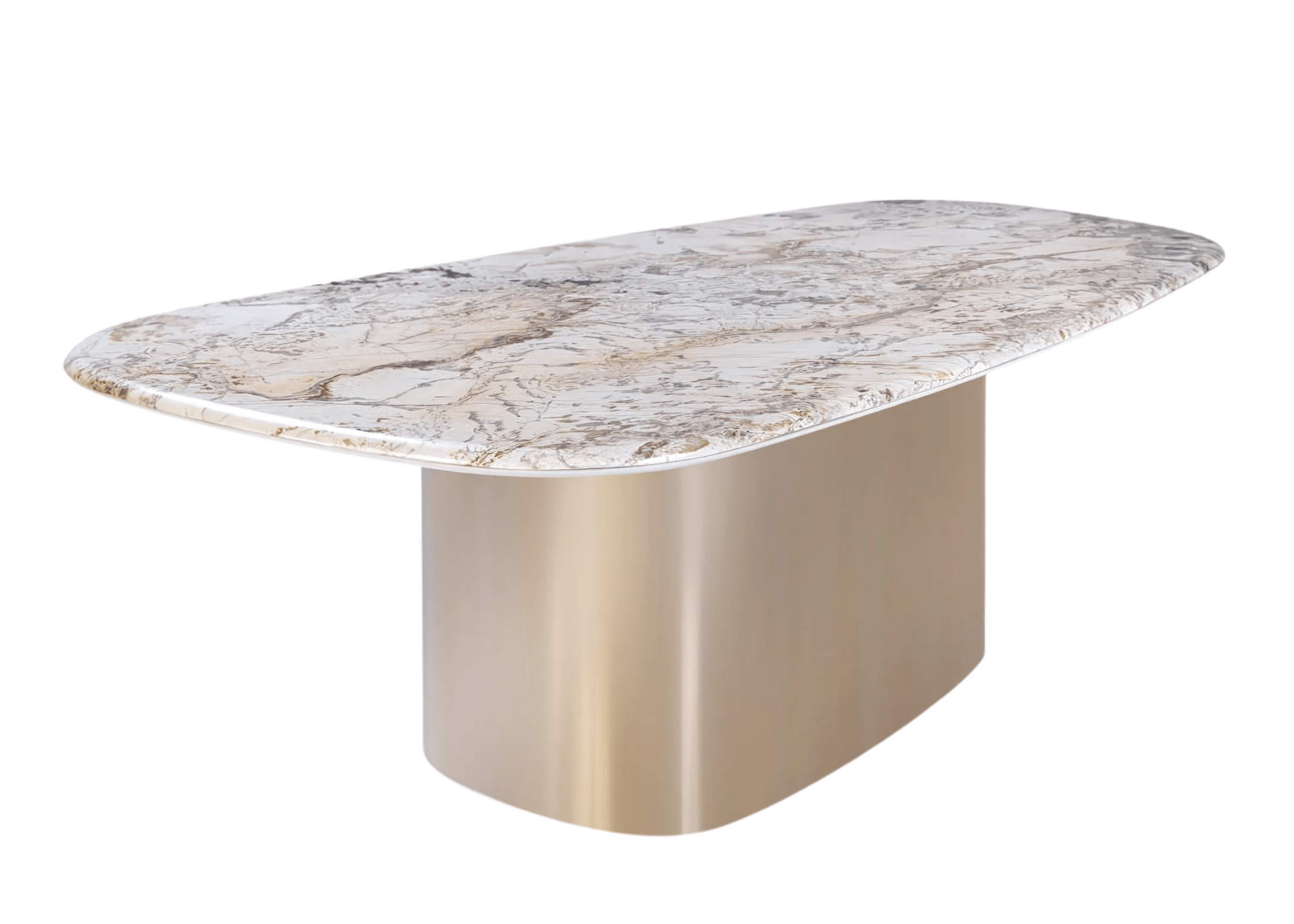 Mesa de jantar orgânica com tampo em mármore, unindo elegância e design contemporâneo para um ambiente sofisticado.