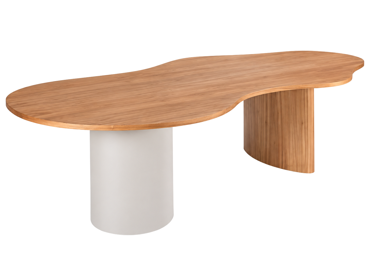 Mesa de jantar orgânica Wave com tampo laminado e base Cone em acabamento concreto, apresentando design elegante e sofisticado, ideal para ambientes modernos e refinados.