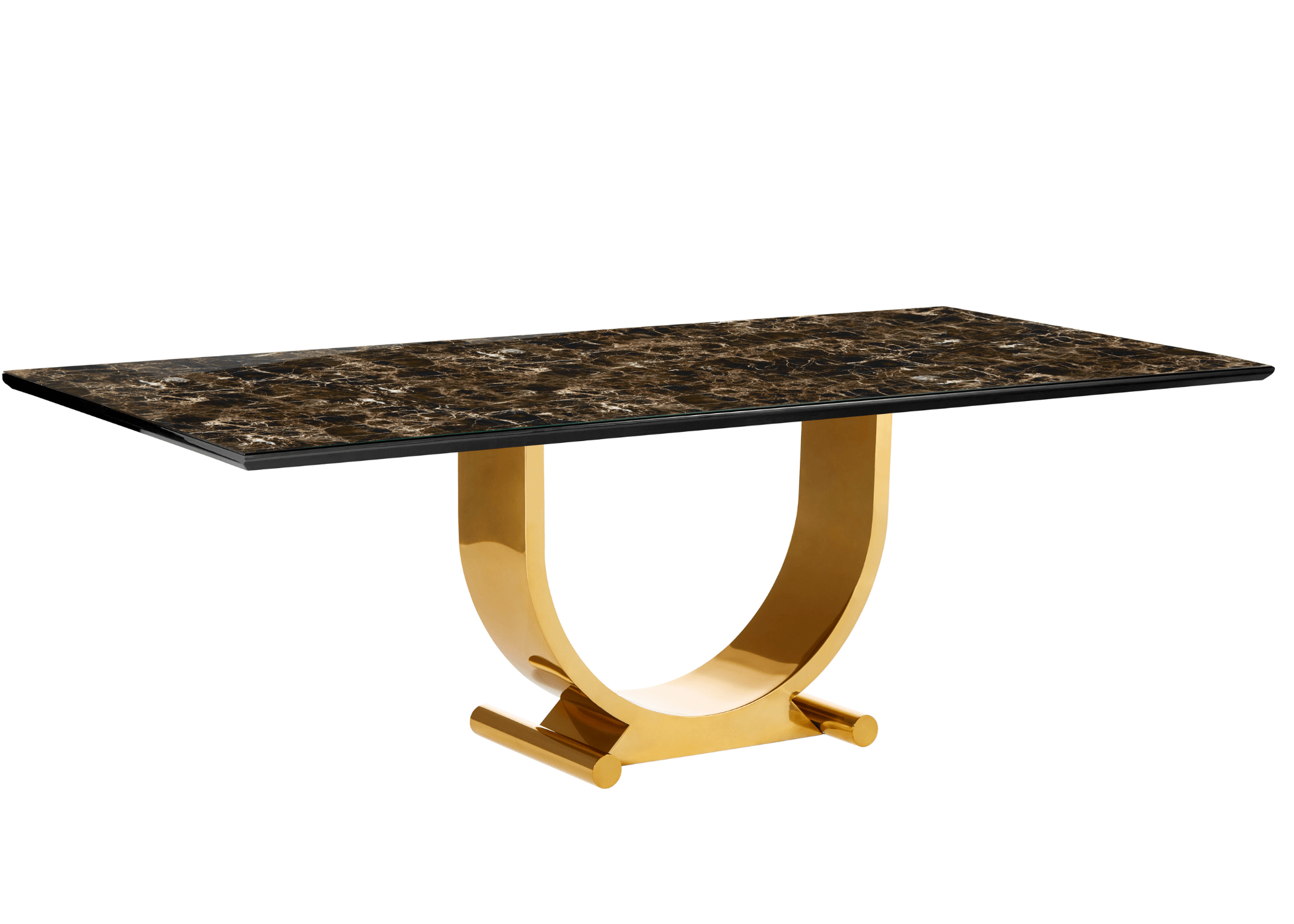 Mesa de Jantar Talismã com tampo em vidro marmorizado e base em aço inox 304, design elegante e contemporâneo para salas de jantar sofisticadas.qualidade.
