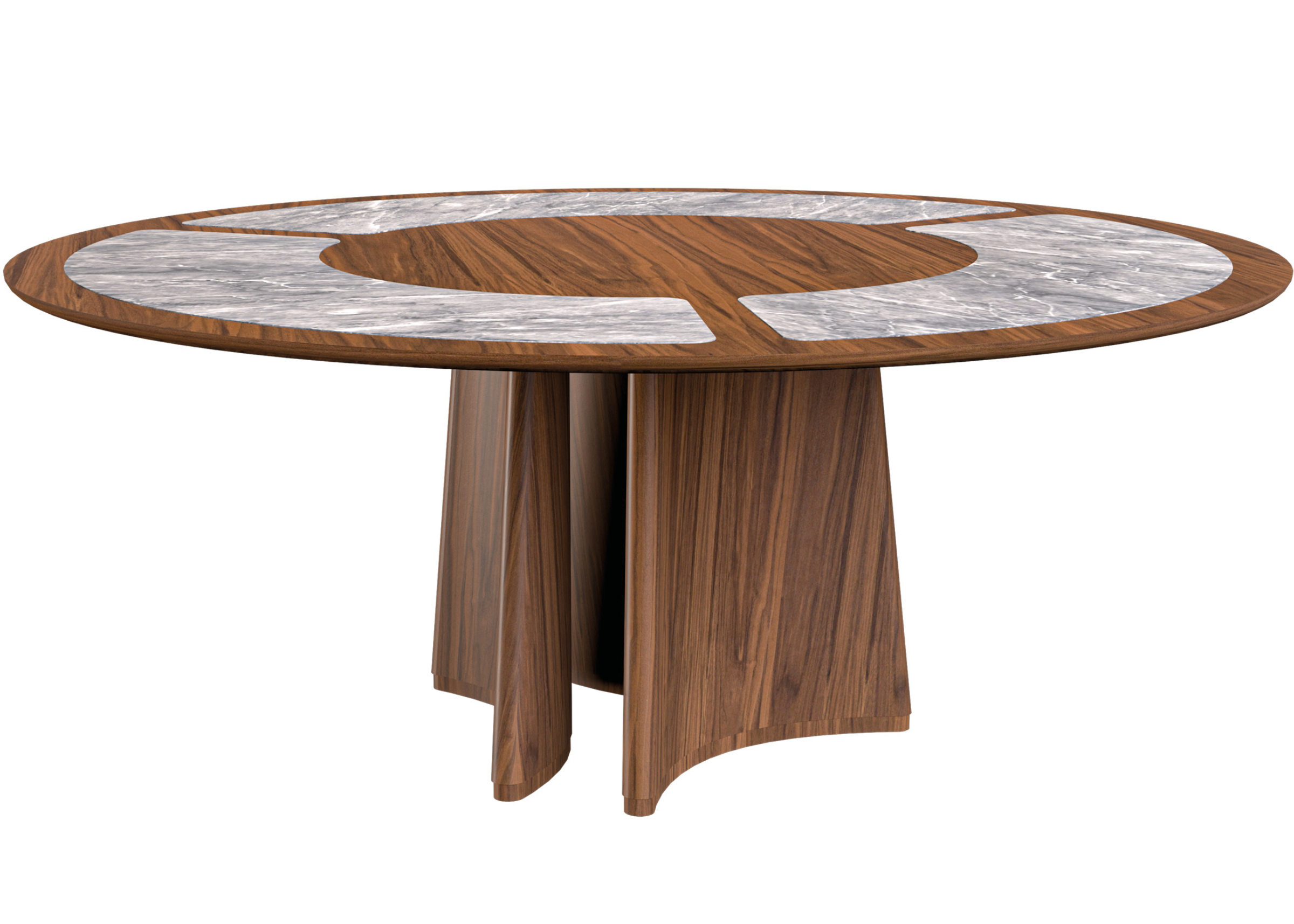 Mesa de jantar Thor com tampo em lâmina de madeira e detalhe TS, apresentando design elegante e sofisticado, ideal para compor salas de jantar modernas e refinadas.