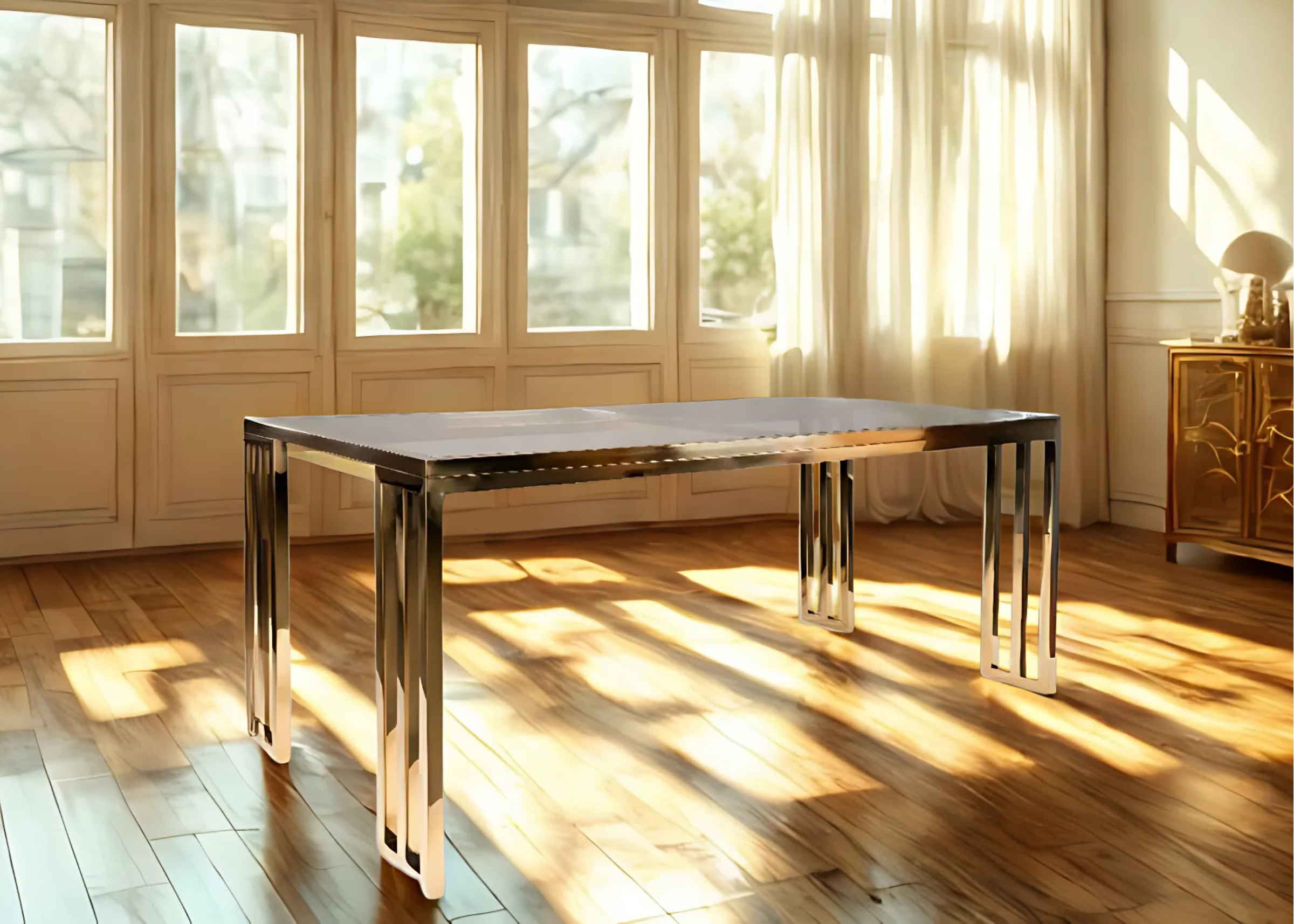 Mesa de jantar com base em inox dourado e tampo de vidro marmorizado, destacando o design luxuoso e europeu. Peça sofisticada para adicionar elegância à sala de jantar.