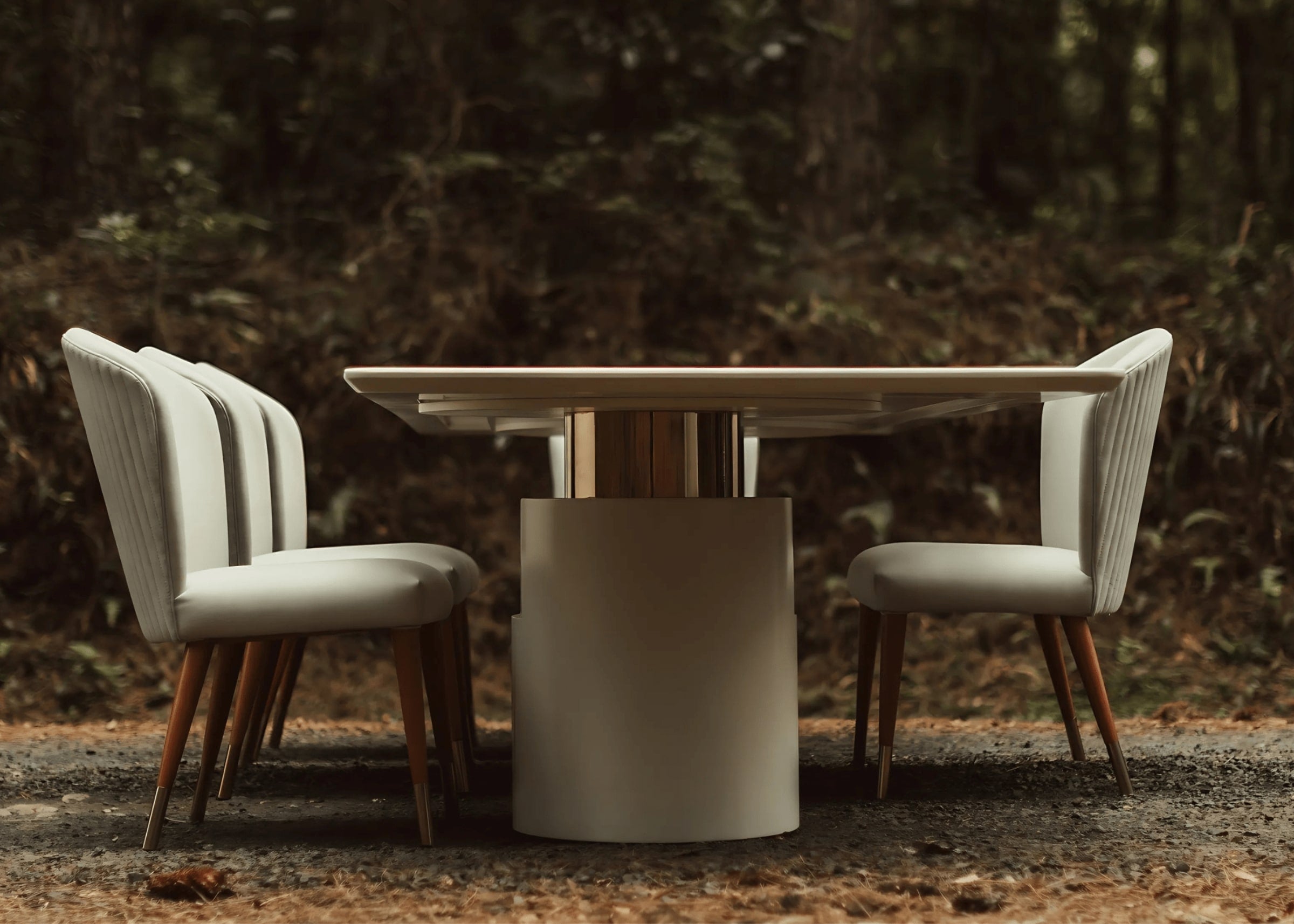 Mesa de jantar branca Theodoro com base cilíndrica e cadeiras modernas em ambiente integrado.