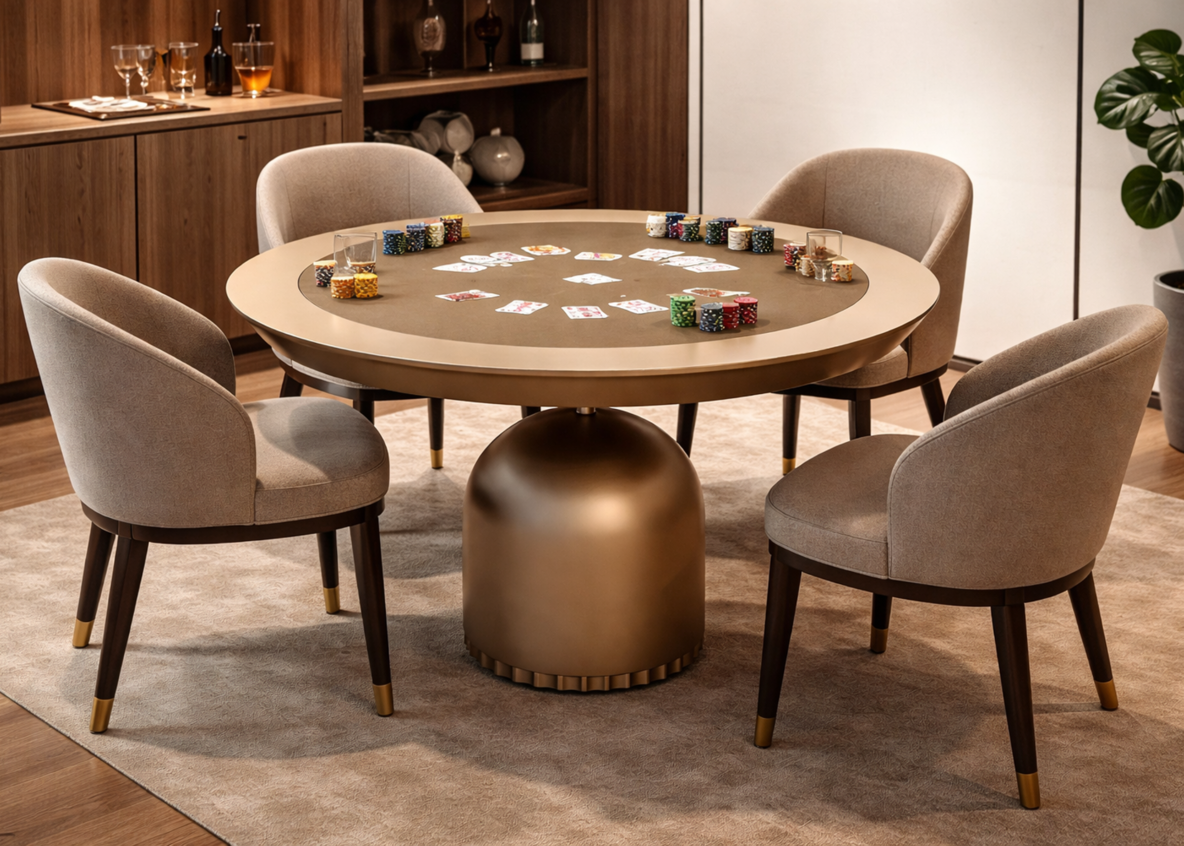 Mesa de jantar carteado modelo Cálice com acabamento laqueado champagne, apresentando design sofisticado e versátil, ideal para ambientes elegantes e contemporâneos.