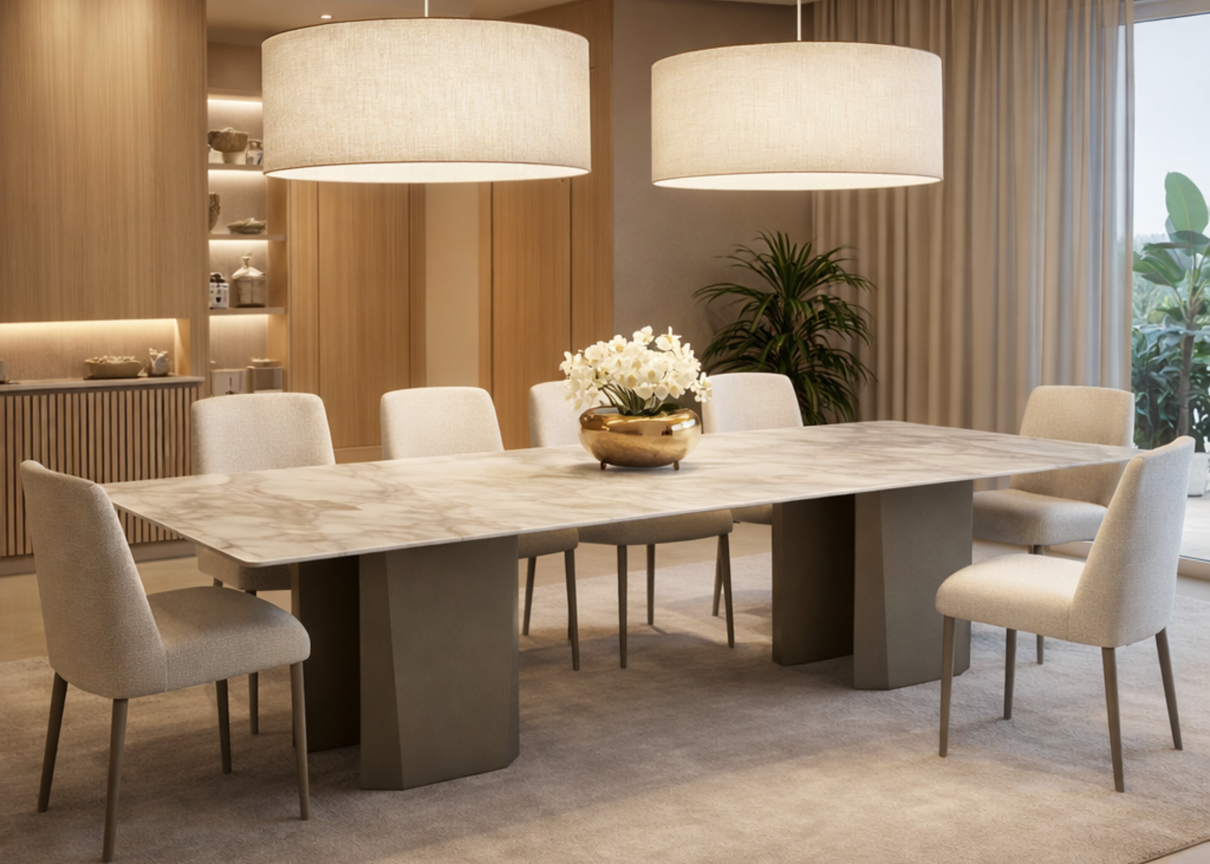 Mesa de jantar Coquetelo em sala de jantar elegante e sofisticada, apresentando design confortável e refinado, ideal para compor ambientes modernos.