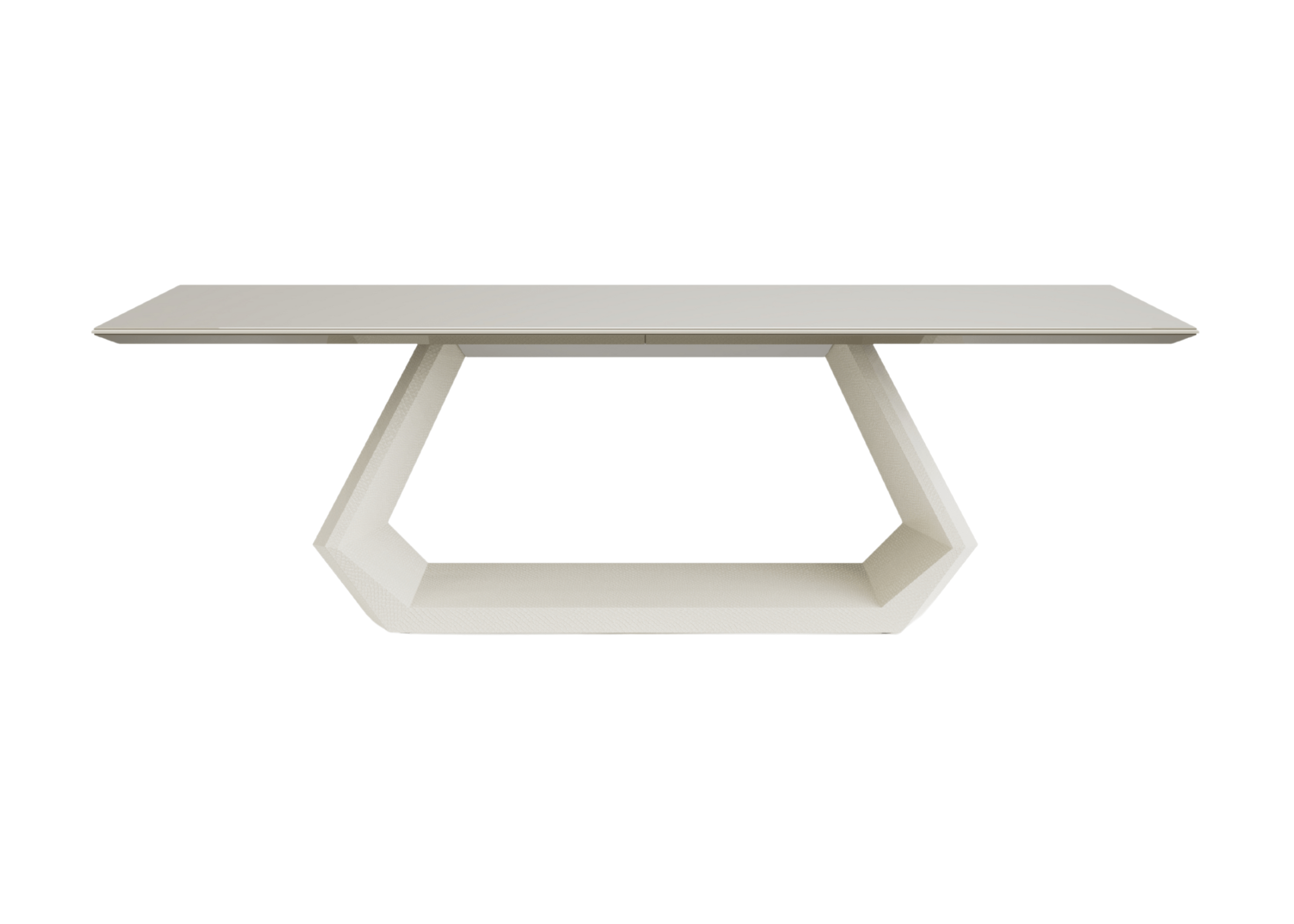 Mesa de jantar Elara com tampo em recouro serpente off-white, sofisticada e elegante, ideal para ambientes modernos.