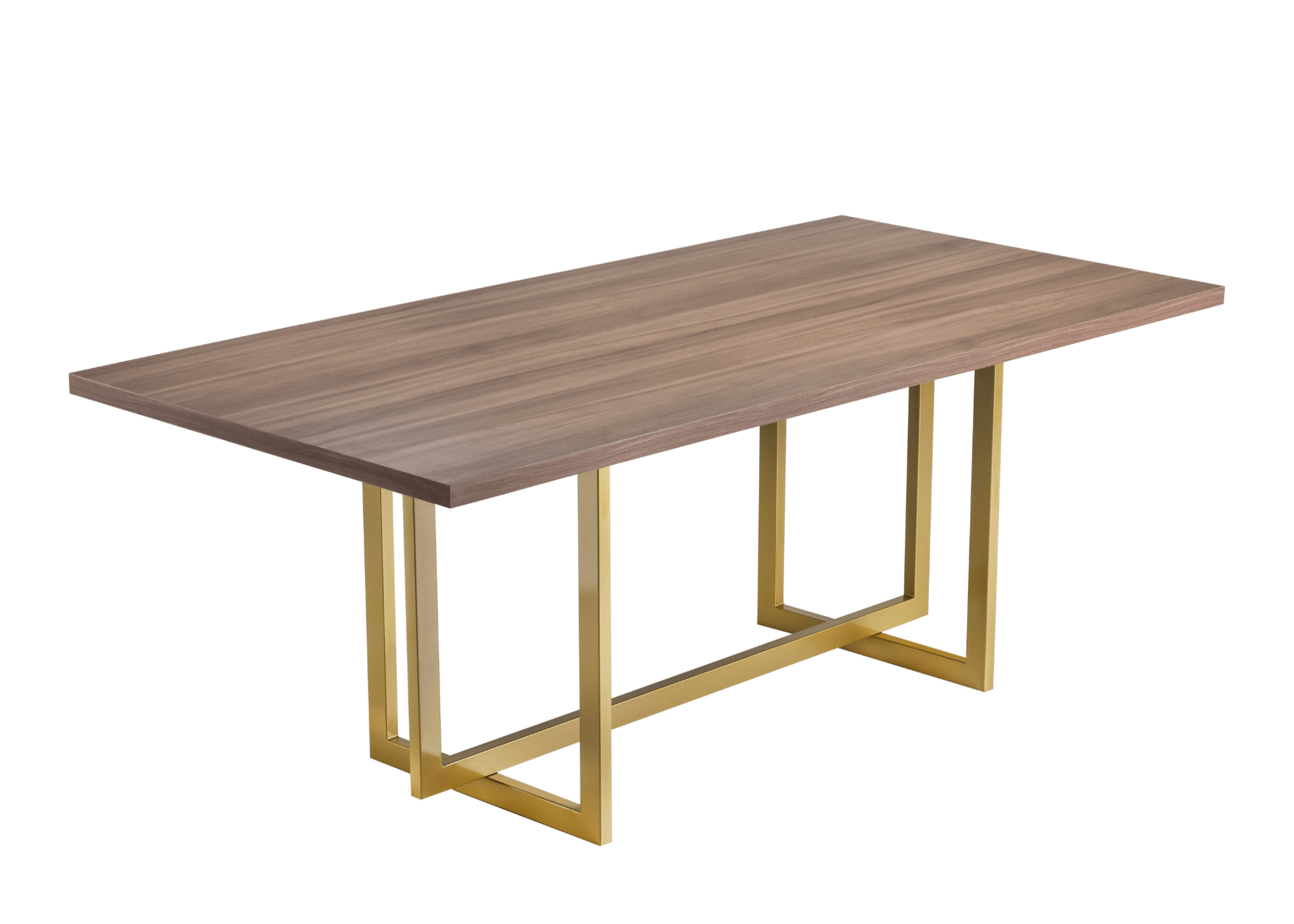 Mesa de jantar Evenn com tampo em nogueira e base em inox dourado, combinação elegante e moderna para ambientes sofisticados.