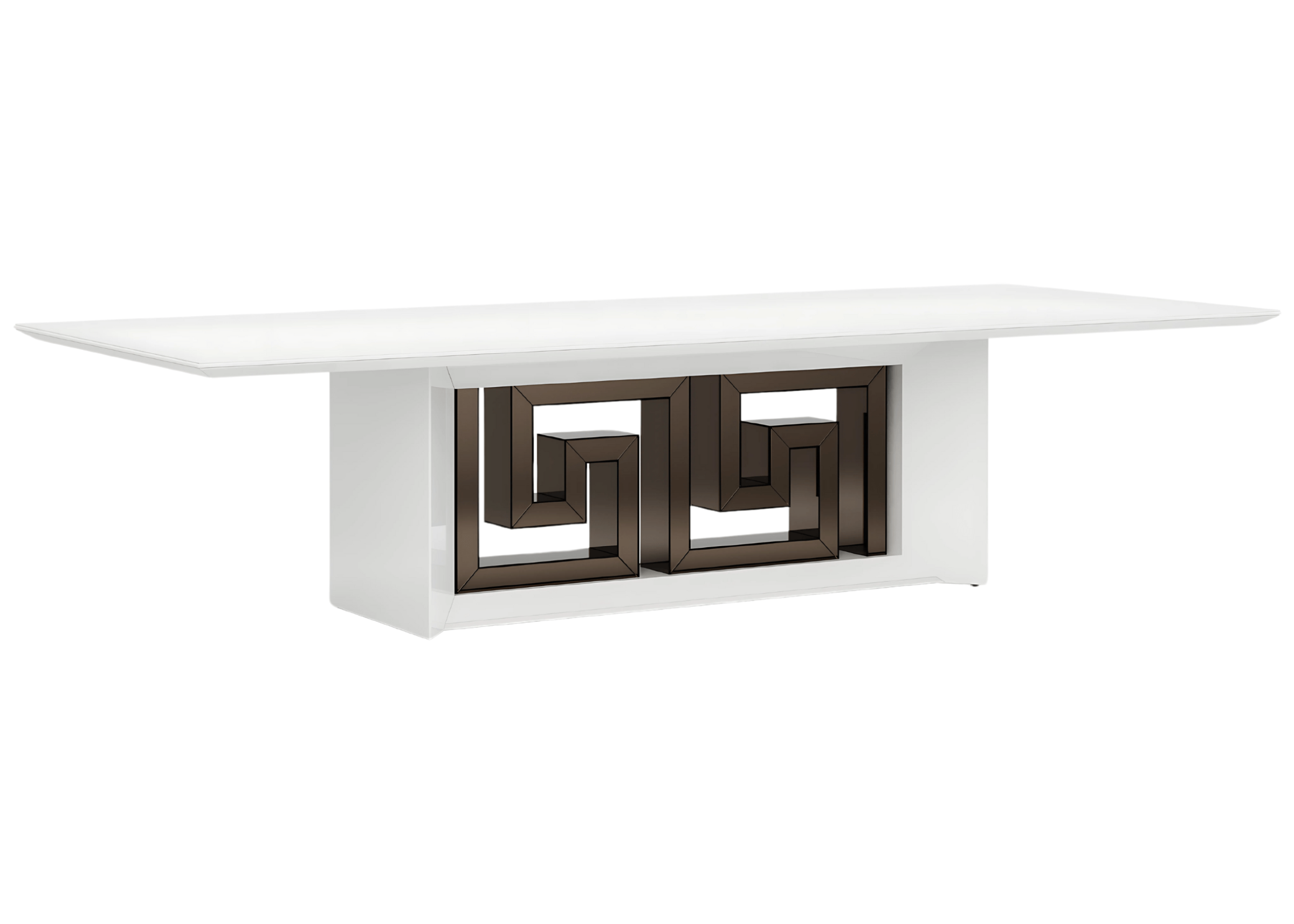 Mesa de jantar Grécia com detalhe de linhas gregas e tampo em vidro branco, design imponente e elegante para salas de jantar sofisticadas.
