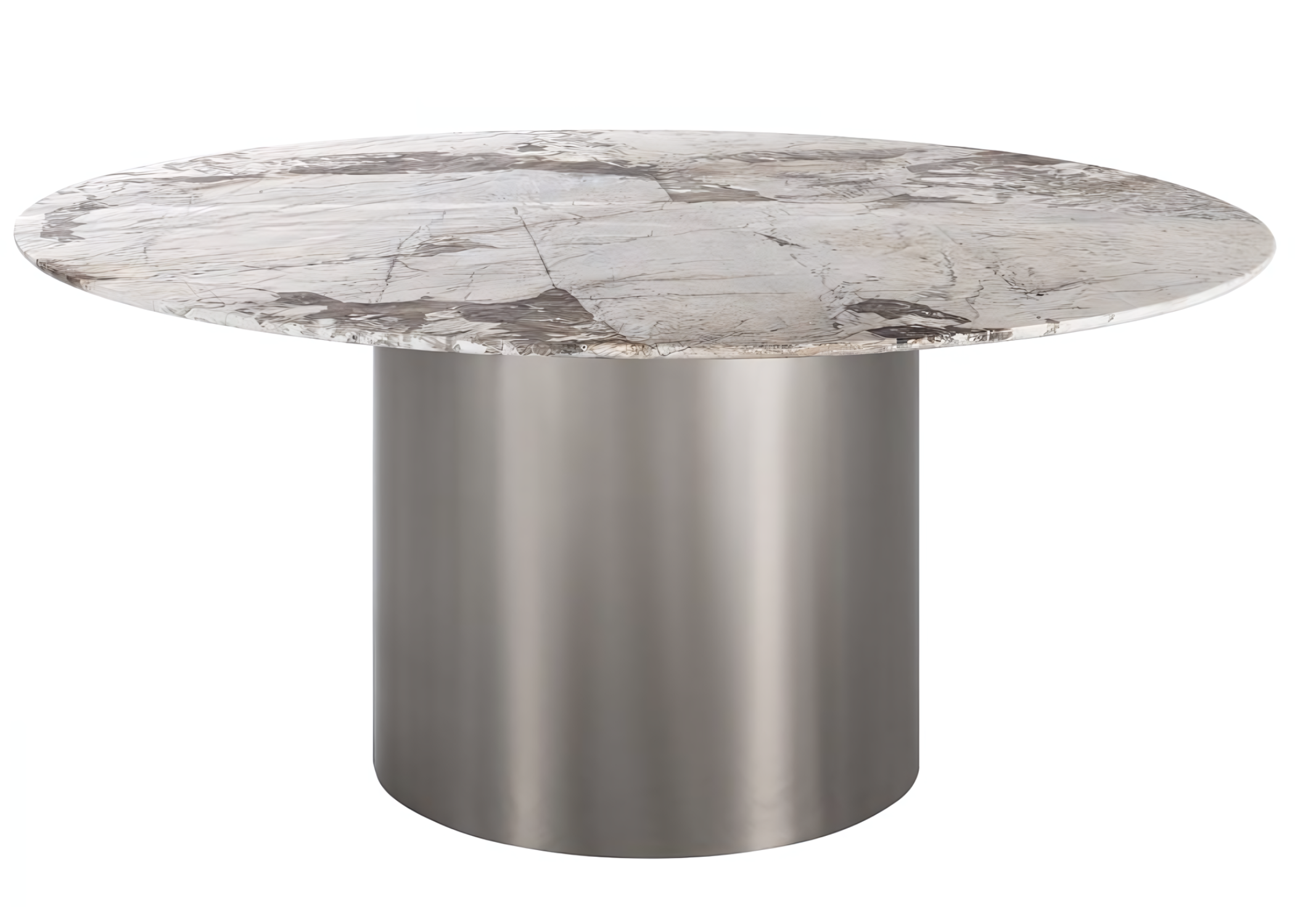 Mesa de jantar Imperadora com base em aço inox e tampo em mármore, combinando luxo e sofisticação em um design atemporal para ambientes refinados.