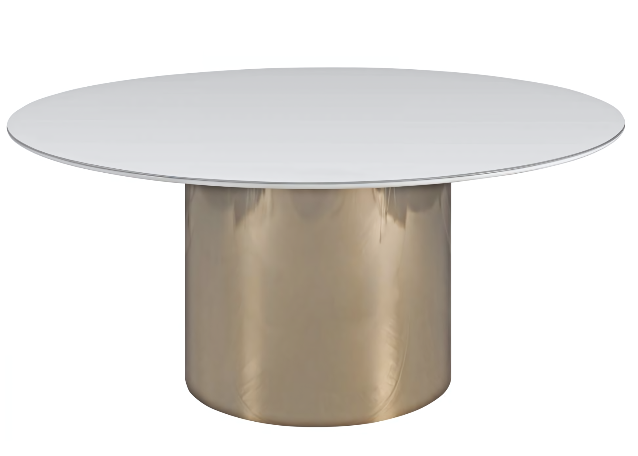 Mesa de jantar Imperadora com tampo branco e base em aço inox dourado, unindo elegância e requinte em um design sofisticado para a sala de jantar.